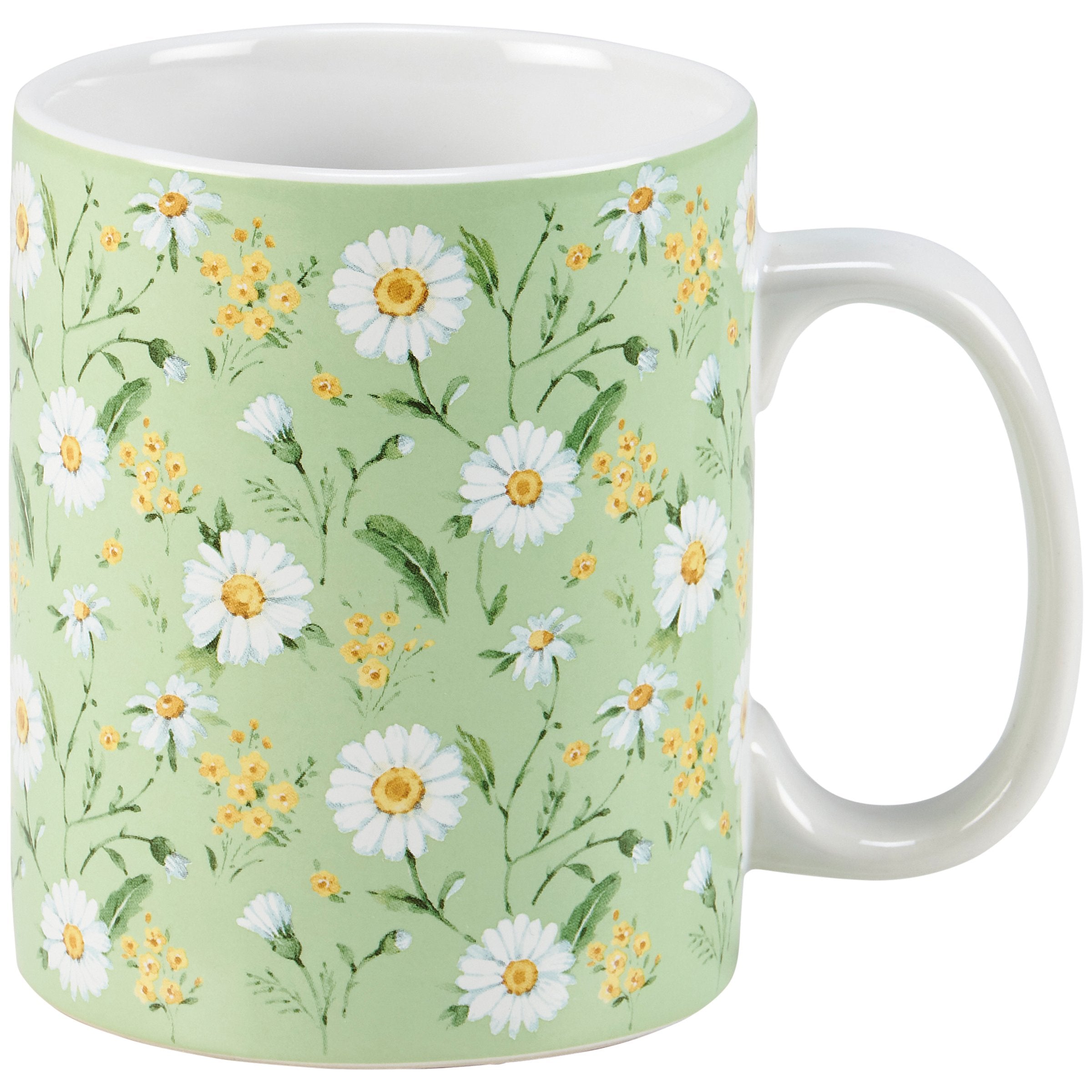 Charming Green Daisy Stoneware Mug, Hand-Painted Watercolor Floral, 20 oz, Safe