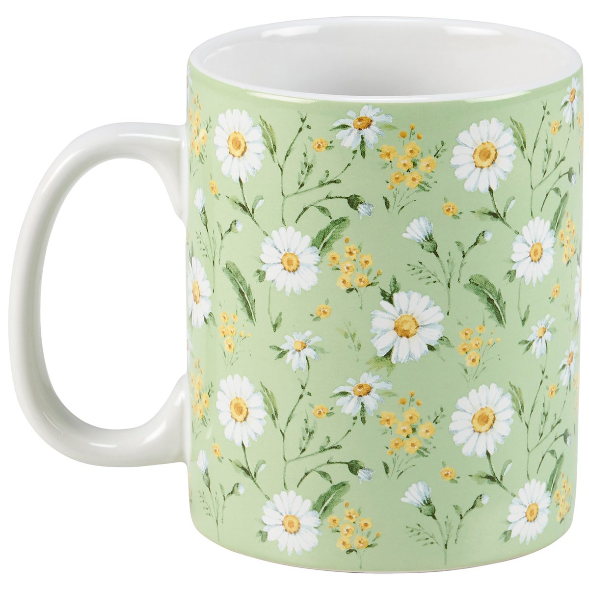 Charming Green Daisy Stoneware Mug, Hand-Painted Watercolor Floral, 20 oz, Safe