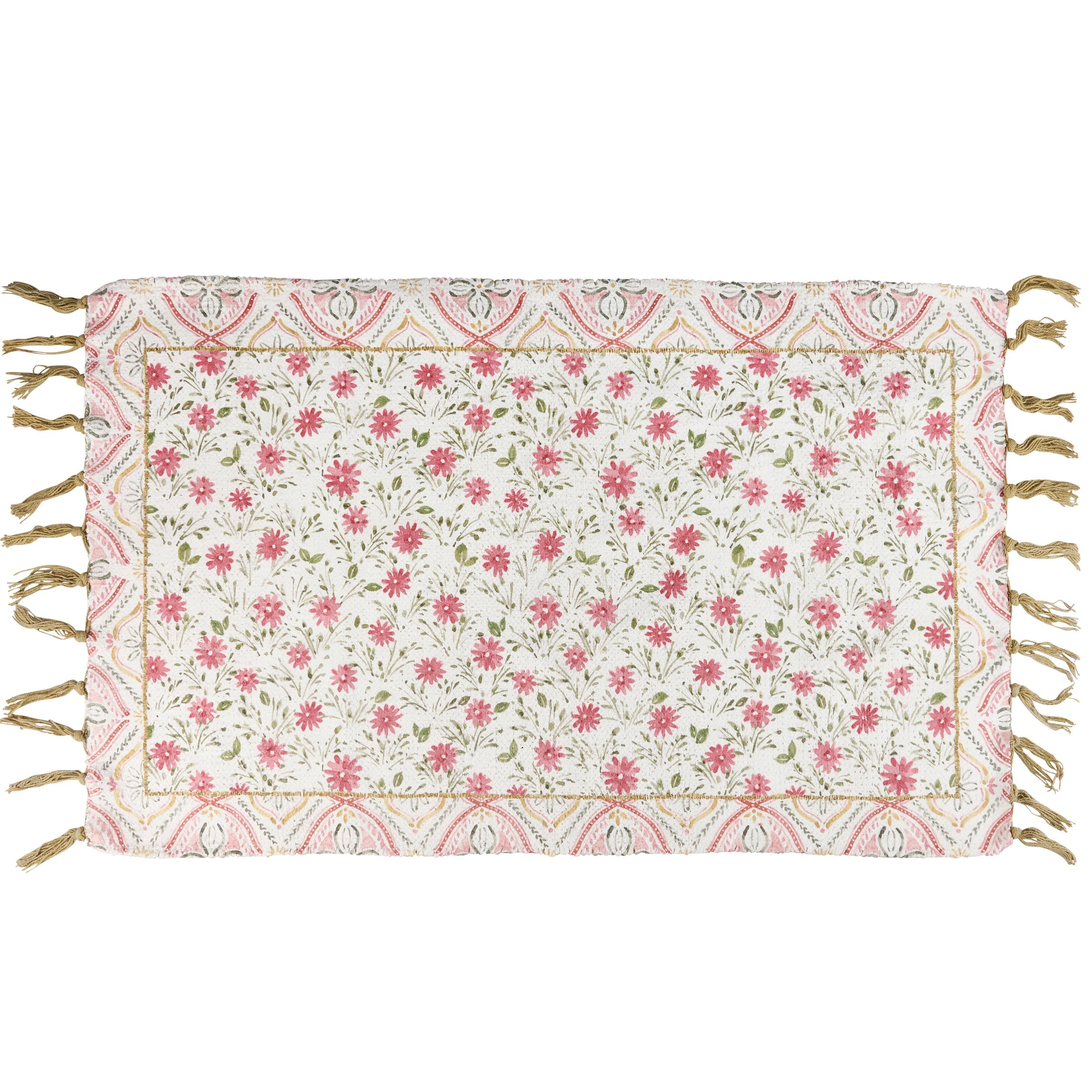 Charming Pink Floral Indoor Outdoor Rug with Tassels & Skid-Resistant Backing
