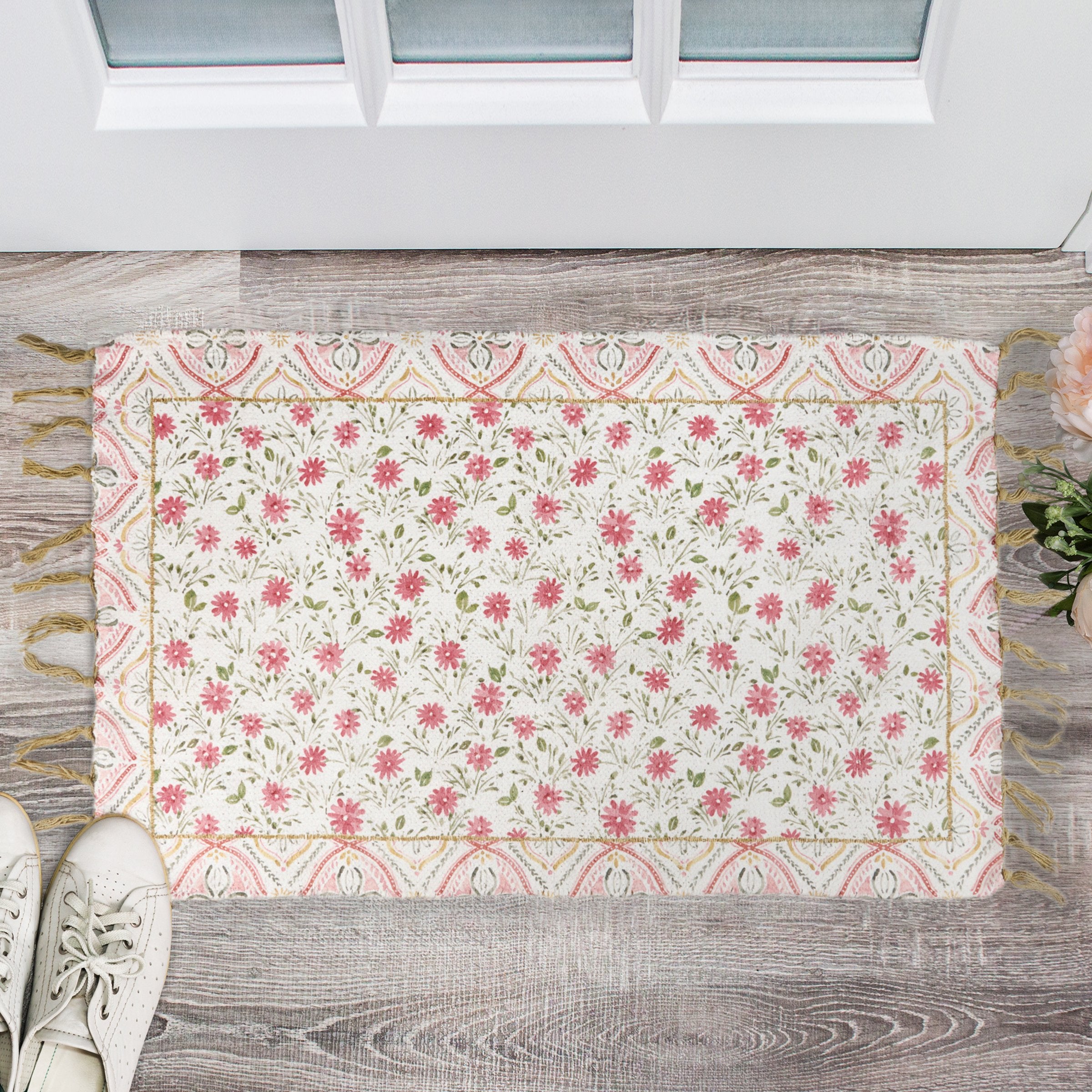 Charming Pink Floral Indoor Outdoor Rug with Tassels & Skid-Resistant Backing