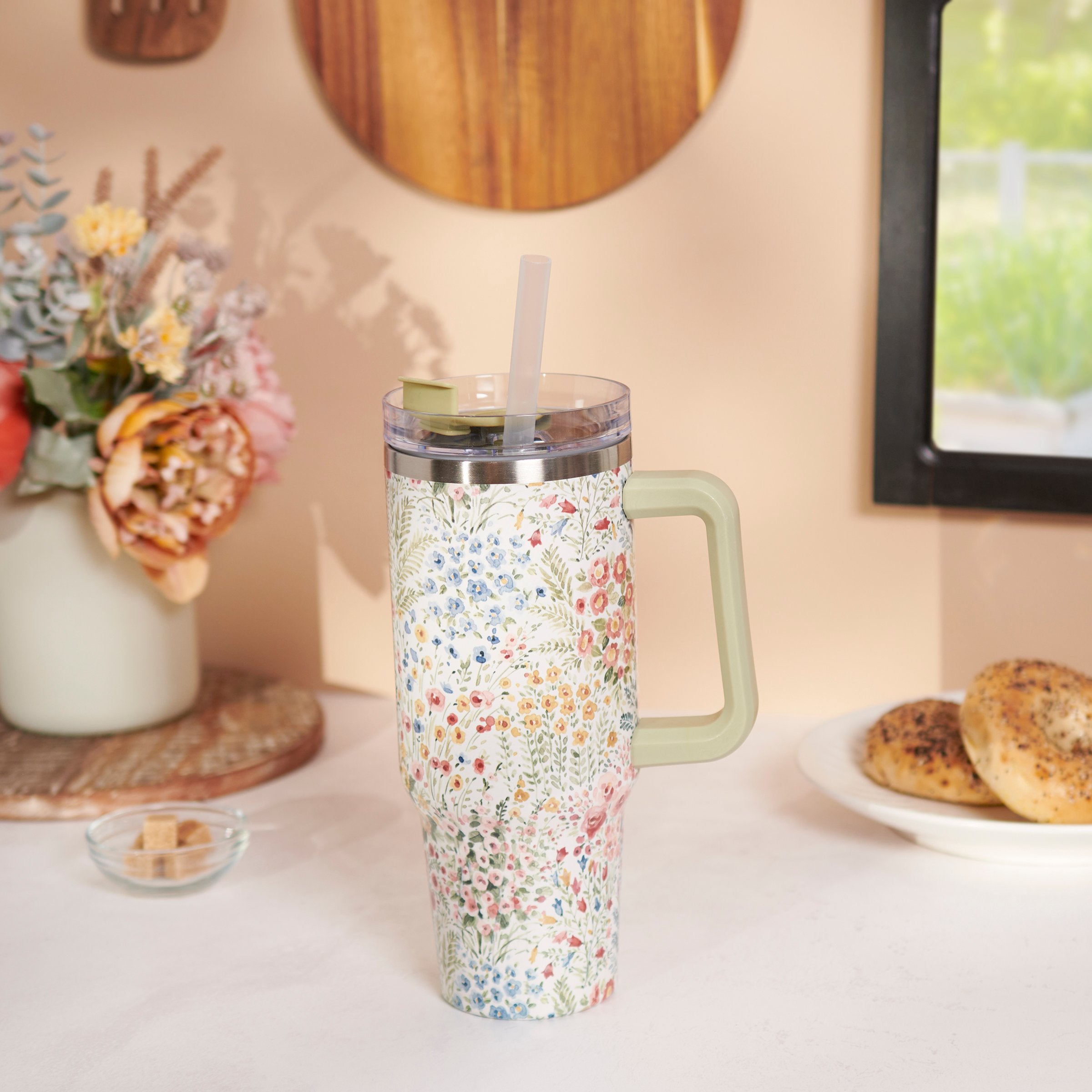 40oz Mixed Floral Insulated Stainless Steel Travel Mug with Straw & Handle