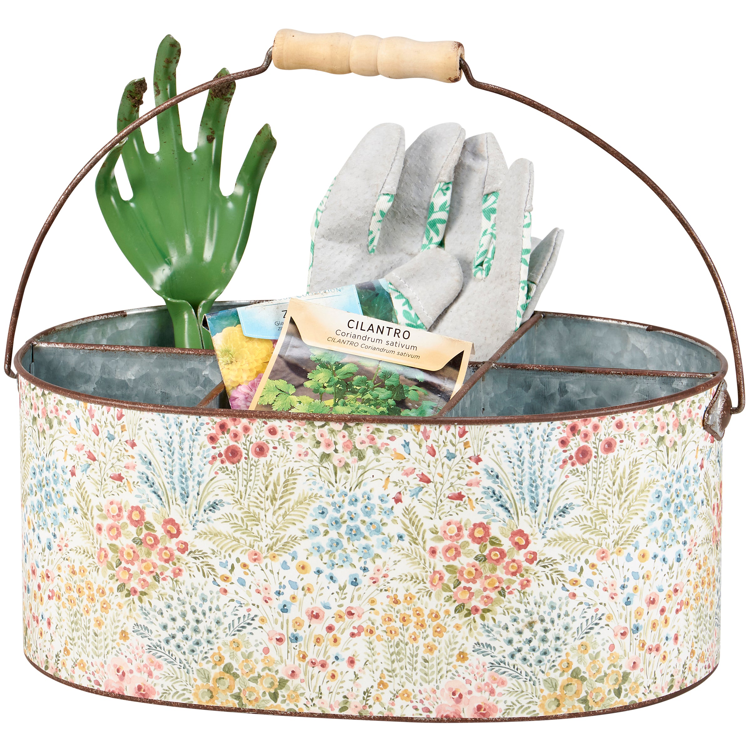 Vibrant Floral Galvanized Metal Storage Caddy with Wood Handle, 6-Section