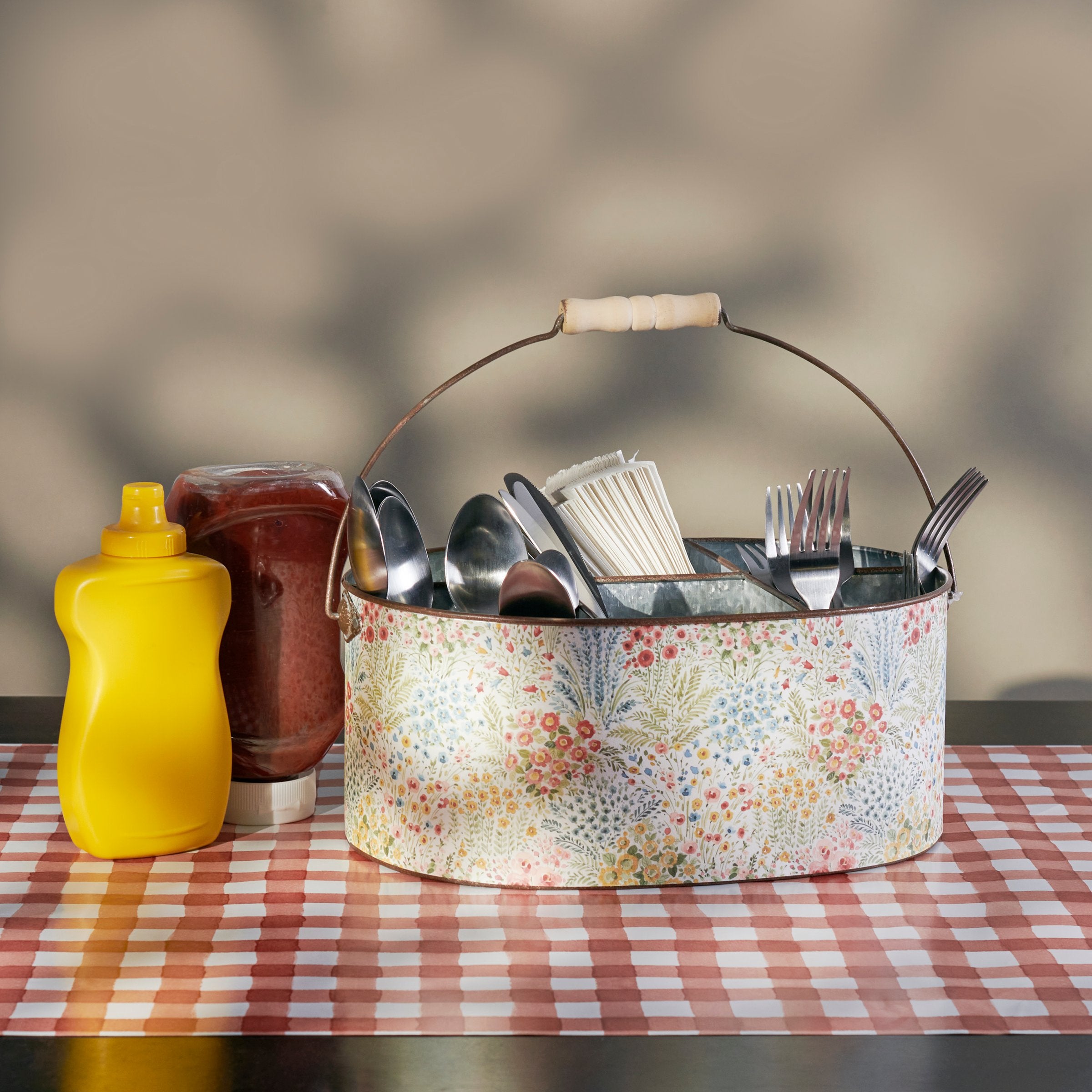 Vibrant Floral Galvanized Metal Storage Caddy with Wood Handle, 6-Section