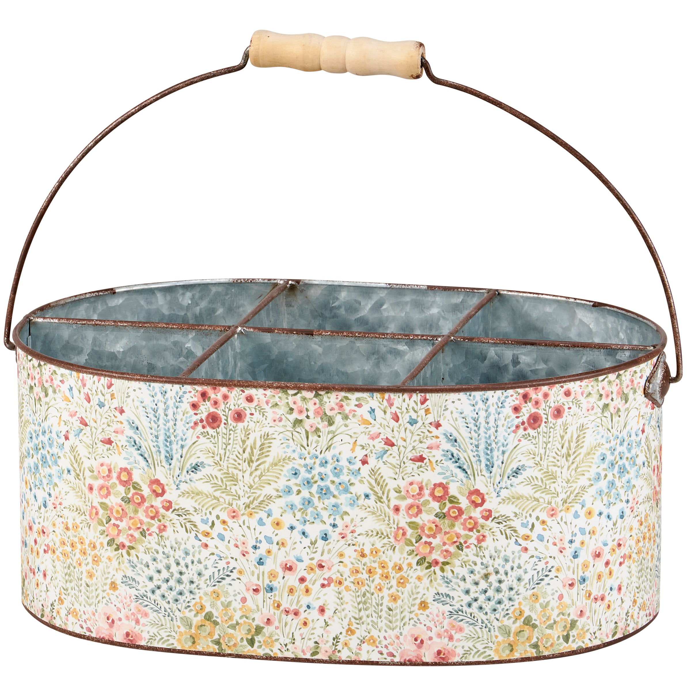 Vibrant Floral Galvanized Metal Storage Caddy with Wood Handle, 6-Section