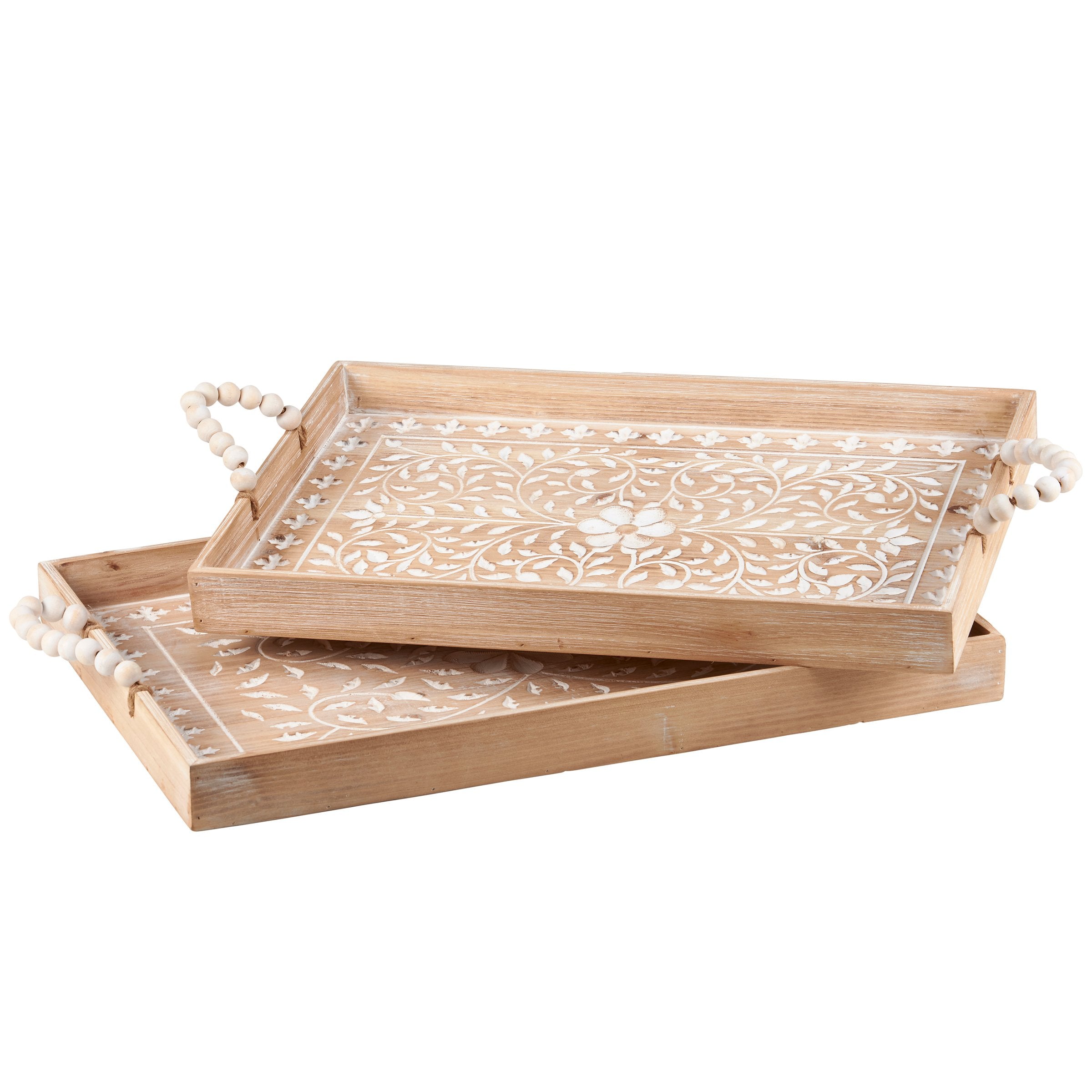 Elegant Boho Floral Wood Serving Trays Set with Beaded Handles