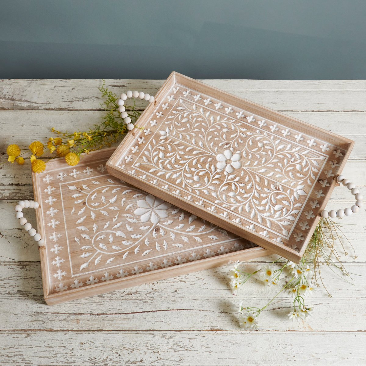 Elegant Boho Floral Wood Serving Trays Set with Beaded Handles