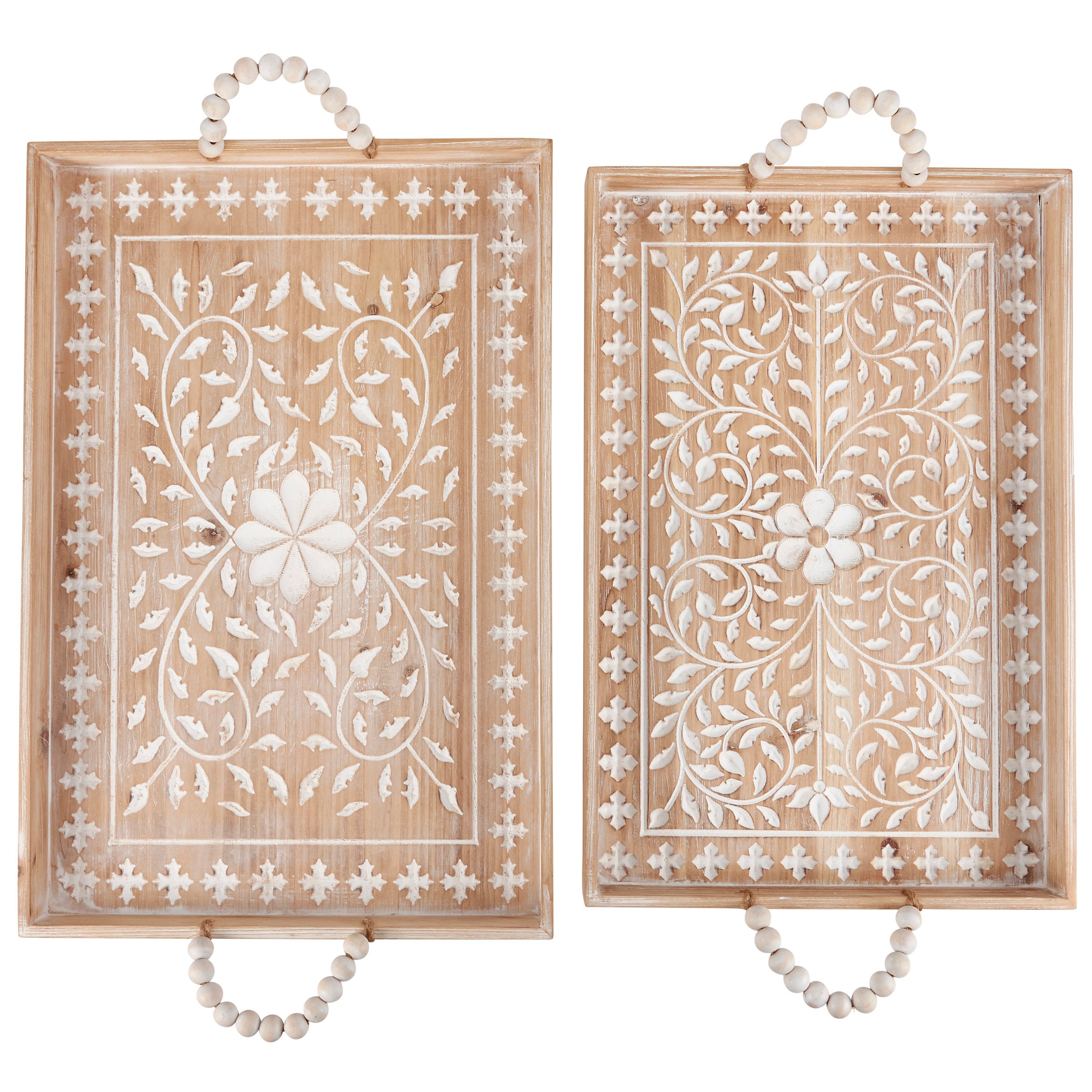 Elegant Boho Floral Wood Serving Trays Set with Beaded Handles