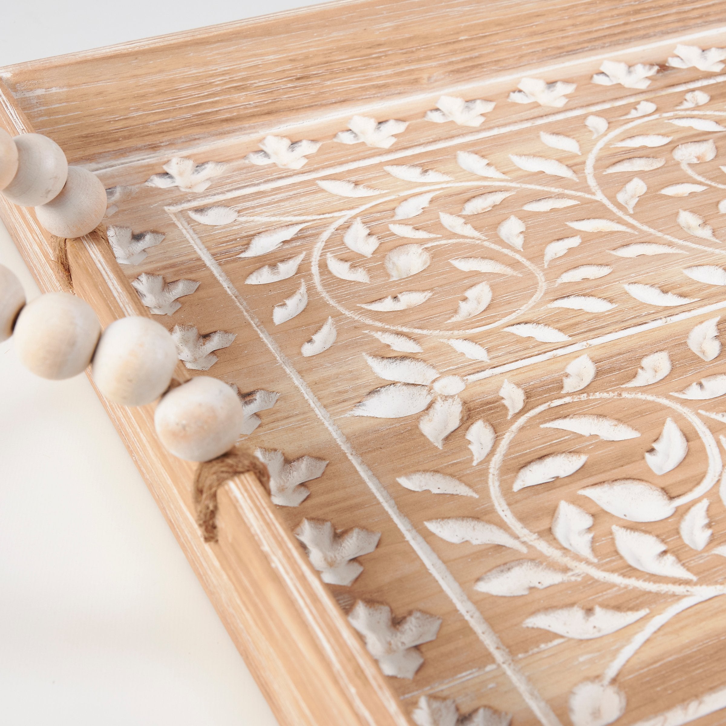 Elegant Boho Floral Wood Serving Trays Set with Beaded Handles