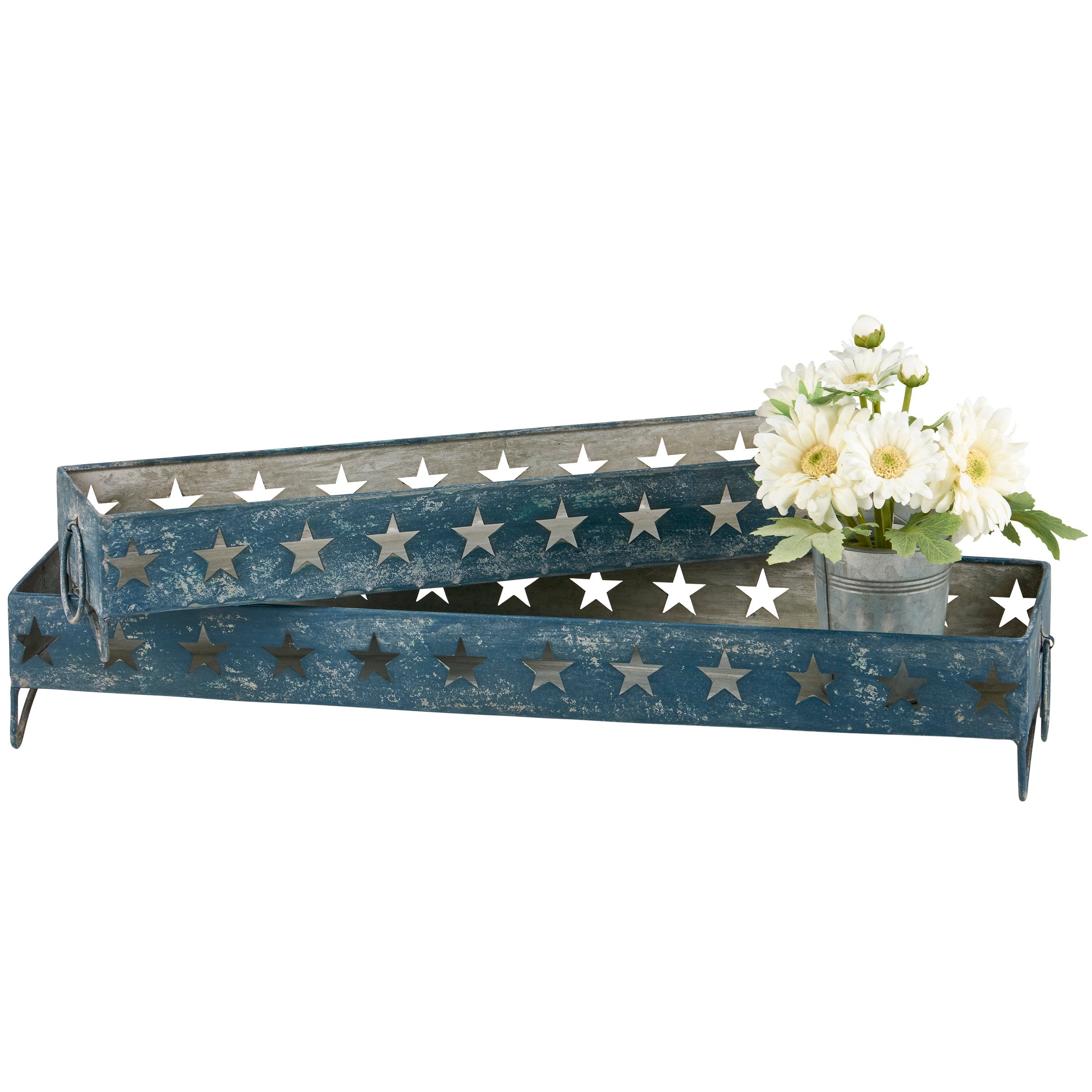 Rustic American Flag Metal Patriotic Decorative Tray Set with Star Cutouts