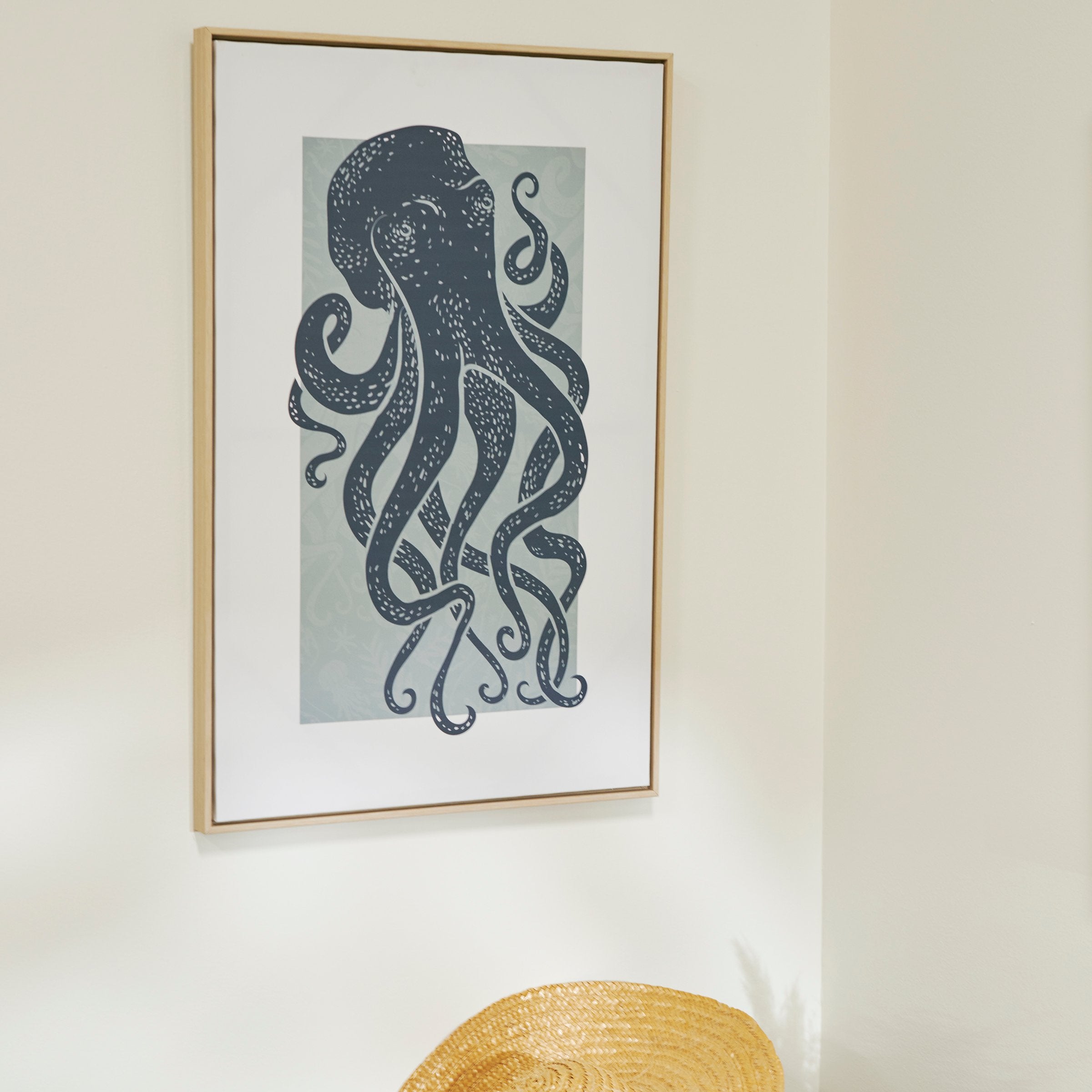 Oceanic Octopus Canvas Wall Art Decor: Large Nautical Block Print Wood Frame
