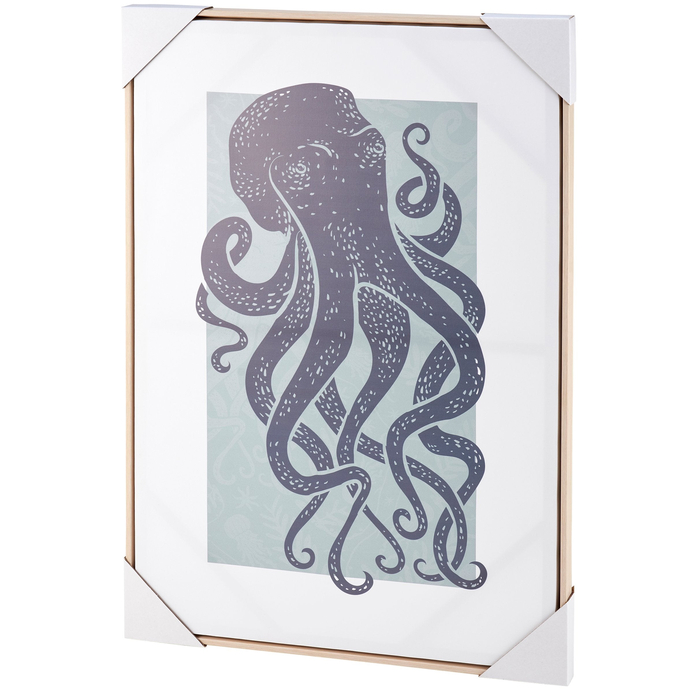 Oceanic Octopus Canvas Wall Art Decor: Large Nautical Block Print Wood Frame