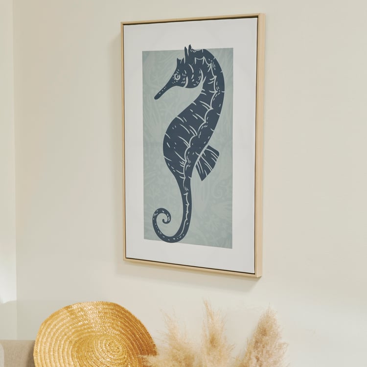Coastal Seahorse Canvas Wall Art, Block Print Nautical Decor with Wood Frame, 20x30 Inch