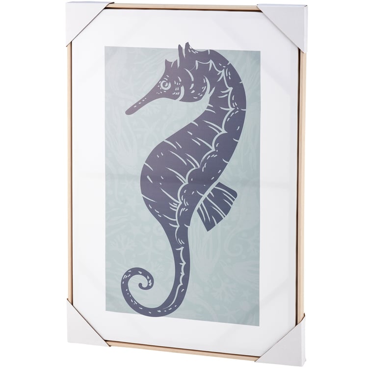 Coastal Seahorse Canvas Wall Art, Block Print Nautical Decor with Wood Frame, 20x30 Inch