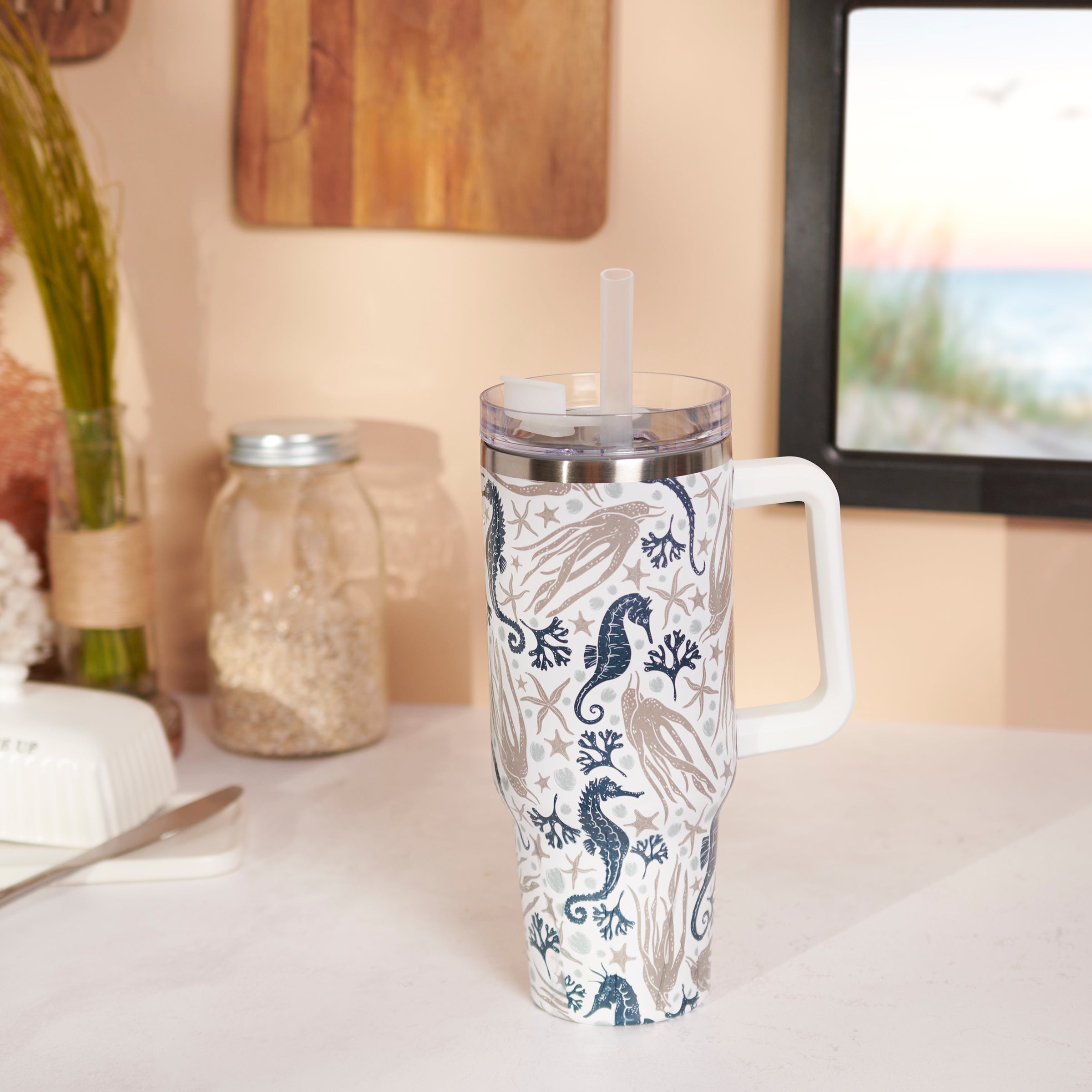 40 oz Insulated Stainless Steel Sea Creatures Travel Mug with Straw
