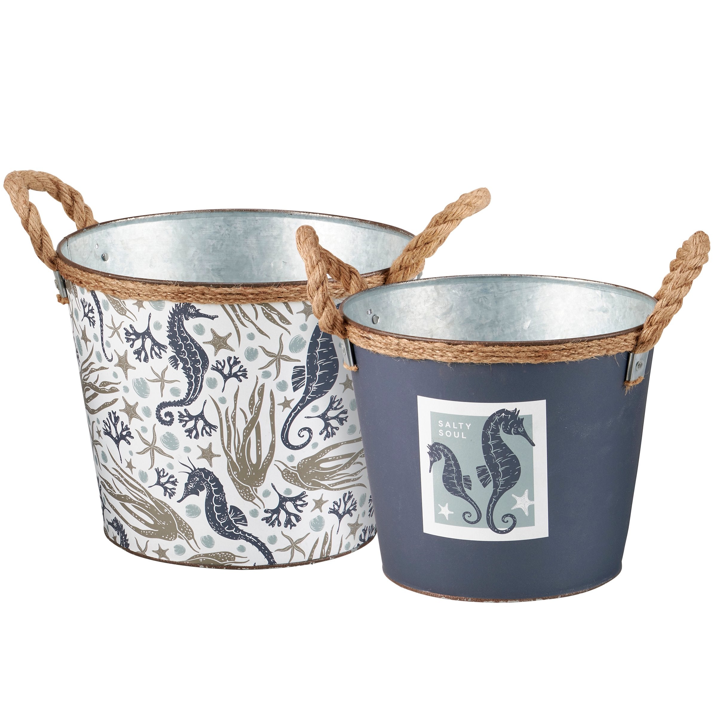 Charming Nautical Sea Creatures Metal Buckets Set with Jute Rope Handles