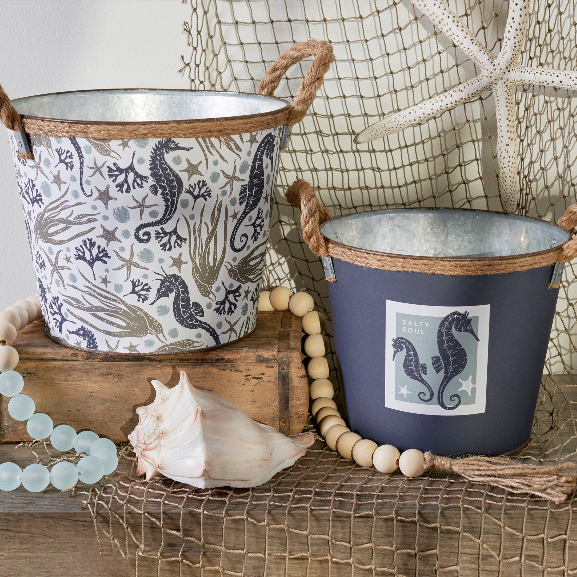 Charming Nautical Sea Creatures Metal Buckets Set with Jute Rope Handles