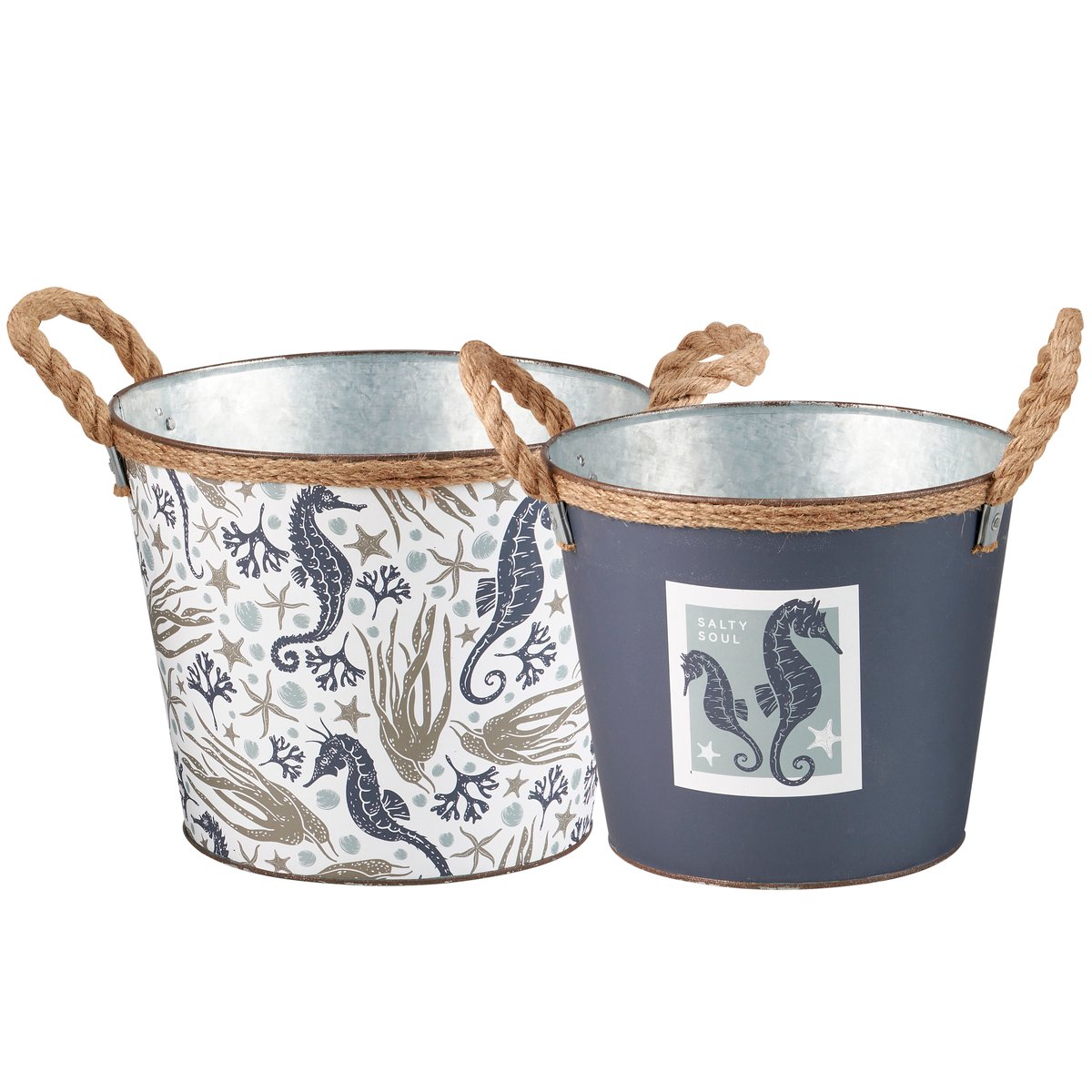 Charming Nautical Sea Creatures Metal Buckets Set with Jute Rope Handles
