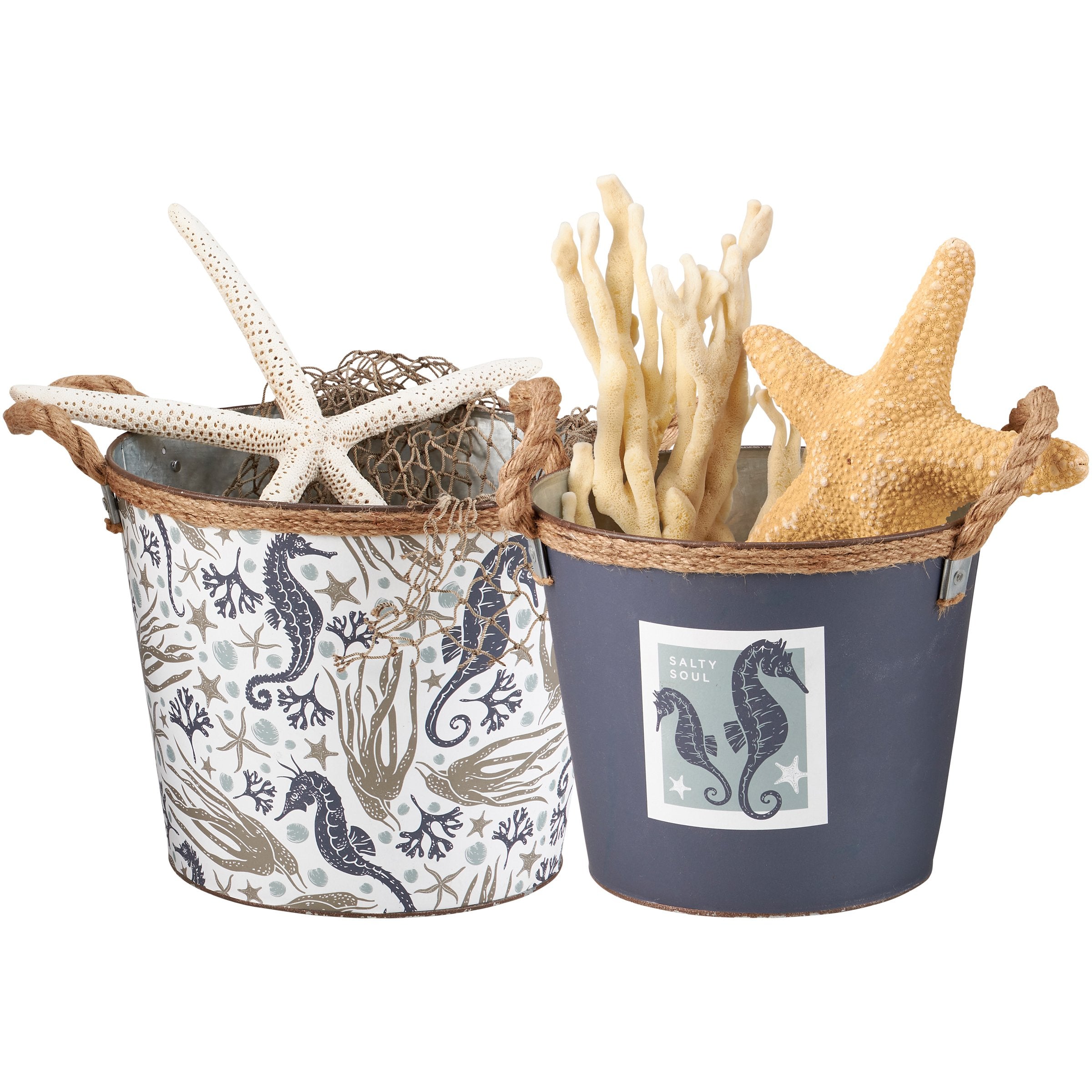 Charming Nautical Sea Creatures Metal Buckets Set with Jute Rope Handles
