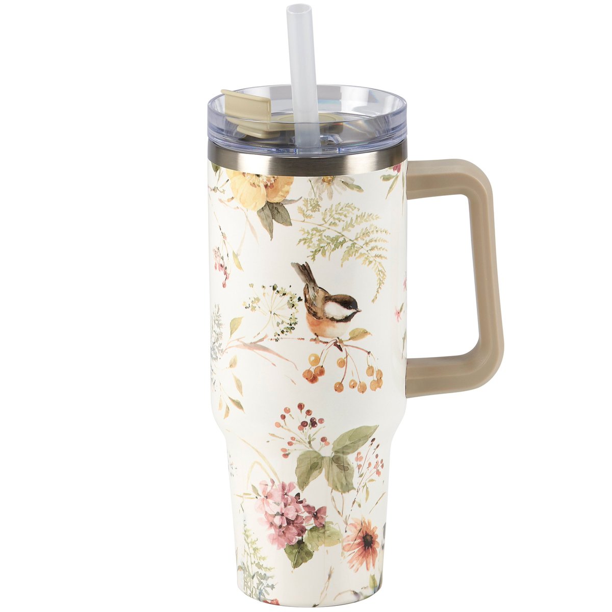 Charming Chickadee Floral 40oz Insulated Stainless Steel Travel Mug with Straw