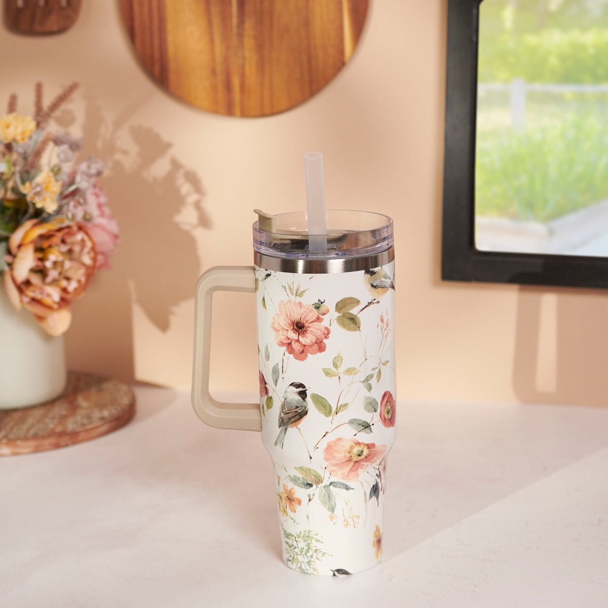 Charming Chickadee Floral 40oz Insulated Stainless Steel Travel Mug with Straw