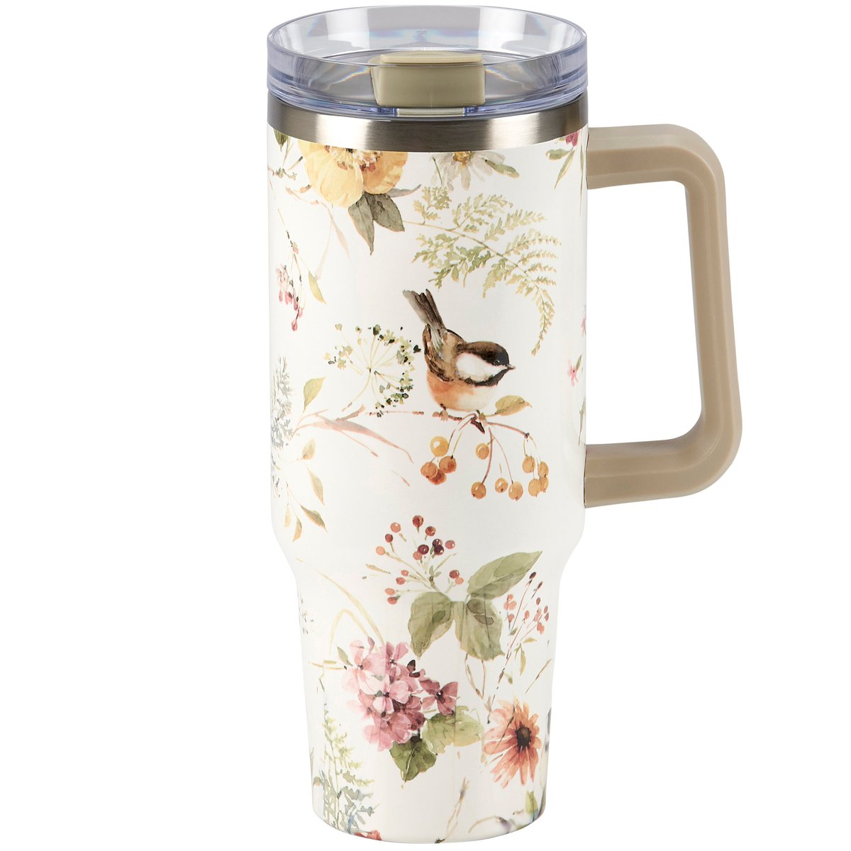Charming Chickadee Floral 40oz Insulated Stainless Steel Travel Mug with Straw