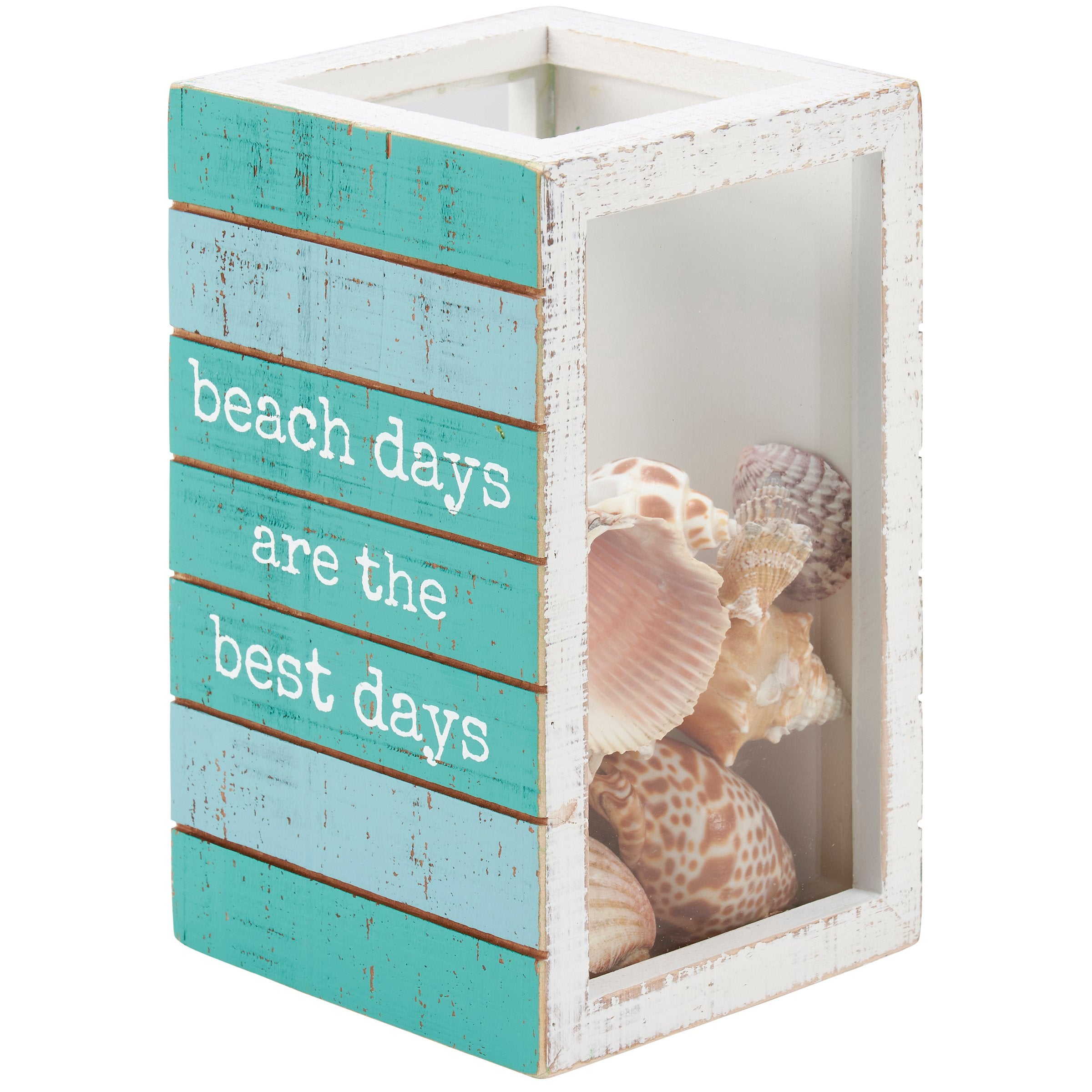 Rustic Wooden Beach Days Seashell Holder with Glass Panels - Coastal Home Decor
