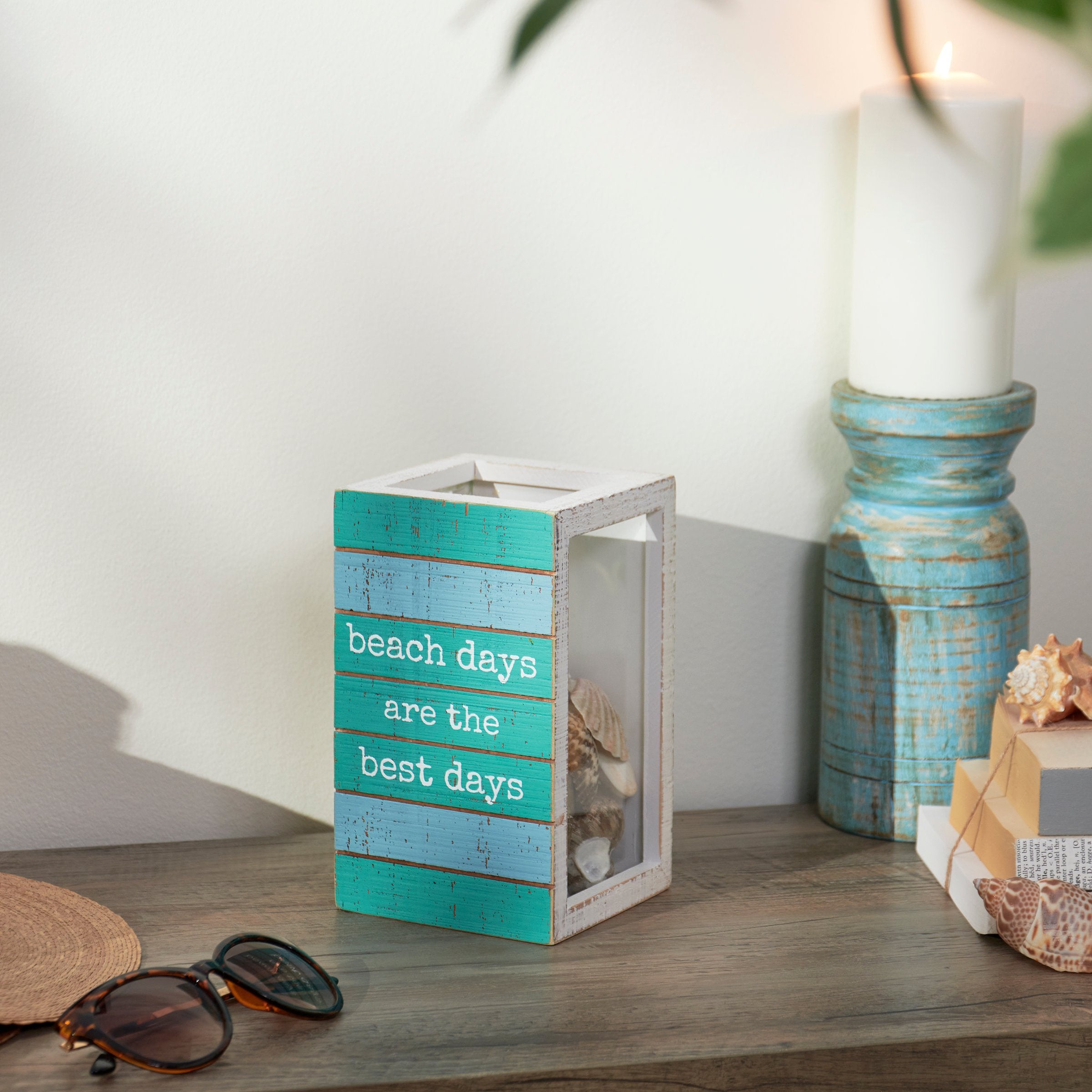 Rustic Wooden Beach Days Seashell Holder with Glass Panels - Coastal Home Decor