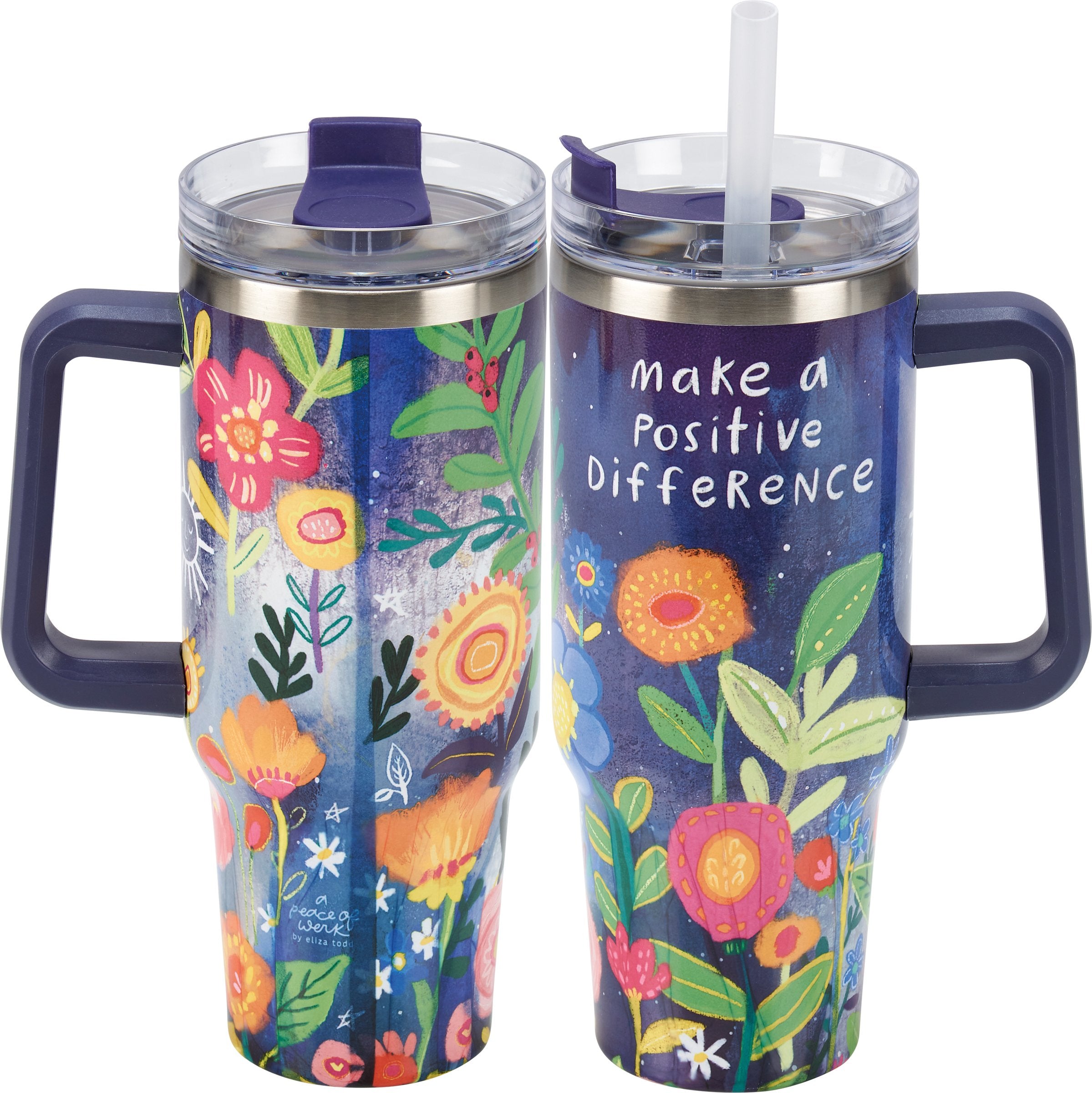 Inspiring 40oz Floral Stainless Steel Insulated Travel Mug with Handle & Straw