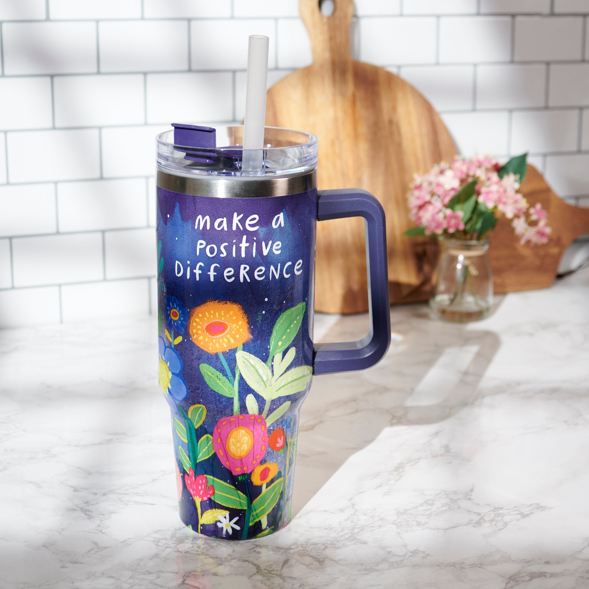 Inspiring 40oz Floral Stainless Steel Insulated Travel Mug with Handle & Straw