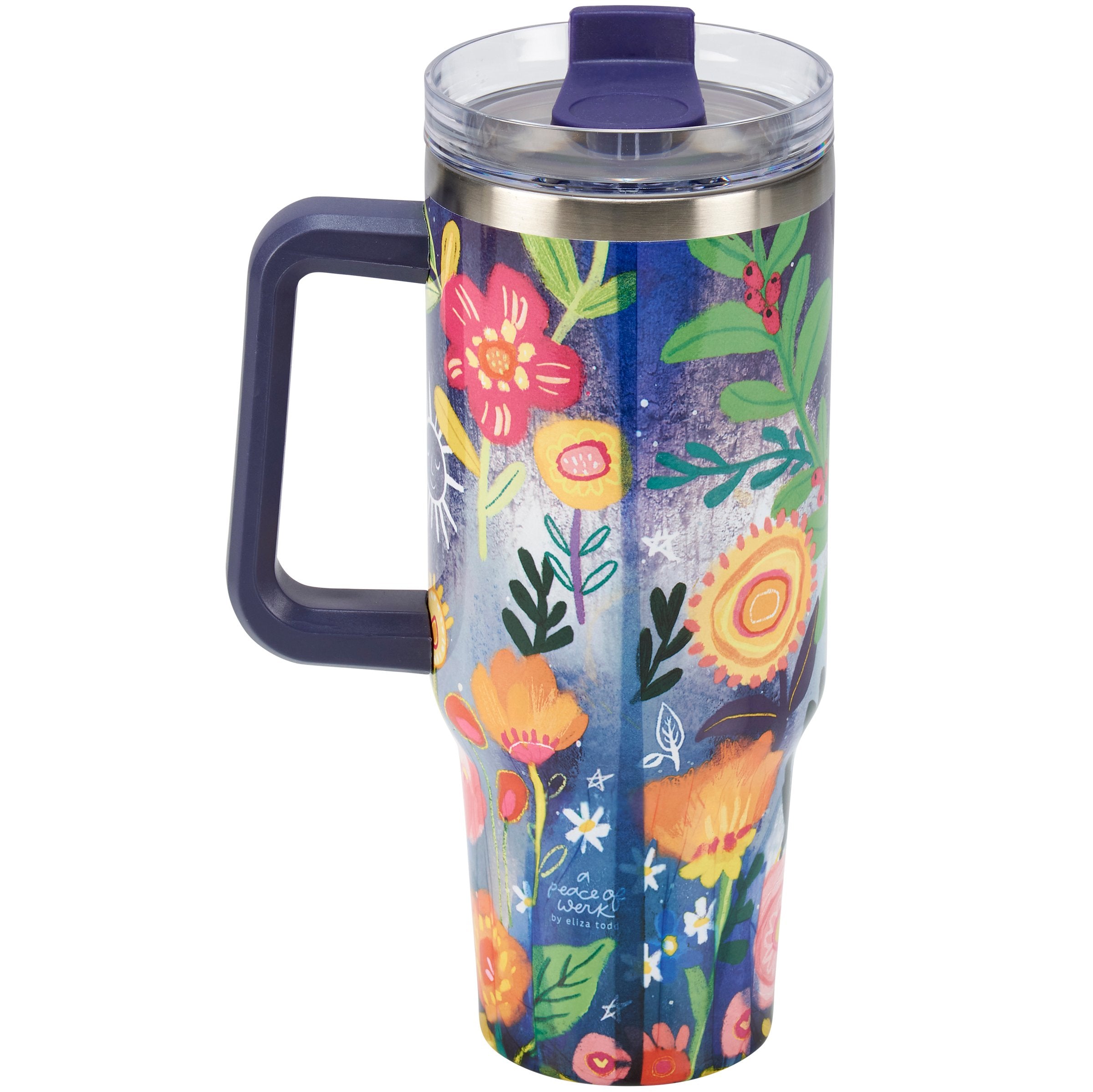 Inspiring 40oz Floral Stainless Steel Insulated Travel Mug with Handle & Straw