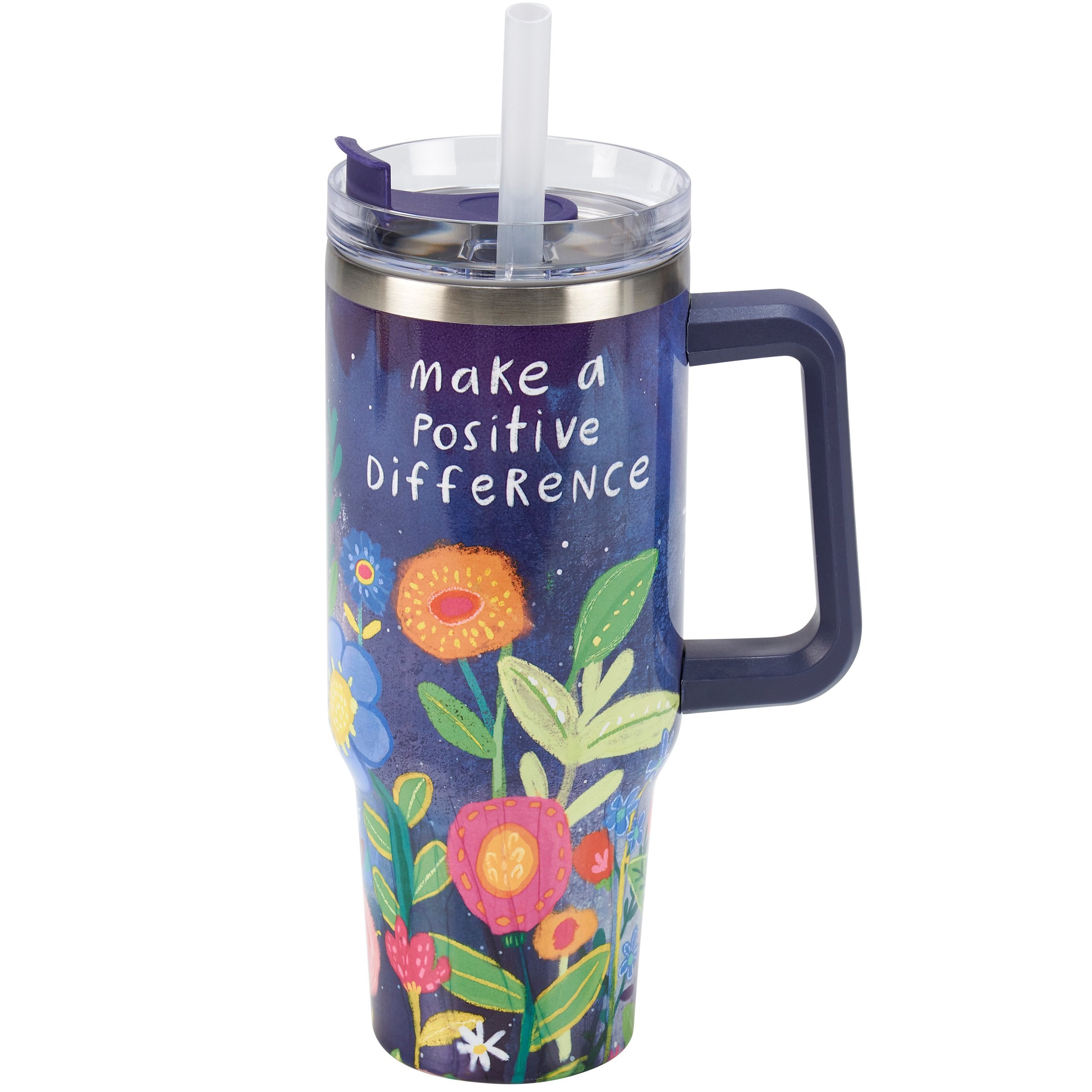 Inspiring 40oz Floral Stainless Steel Insulated Travel Mug with Handle & Straw