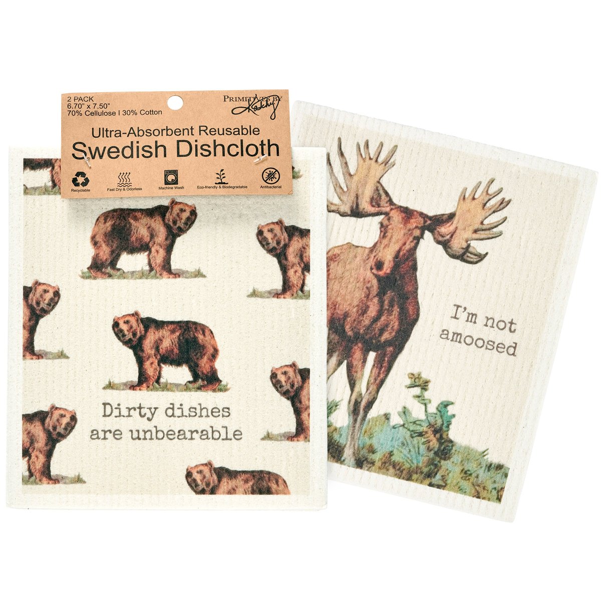 Funny Amoosed Swedish Dishcloth Set: Absorbent, Reusable, Antibacterial Moose & Bear Design