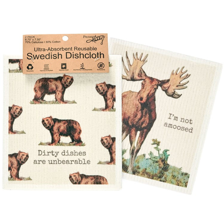 Eco-Friendly Reusable Swedish Moose & Bear Dishcloth Set - Lake & Cabin Fun