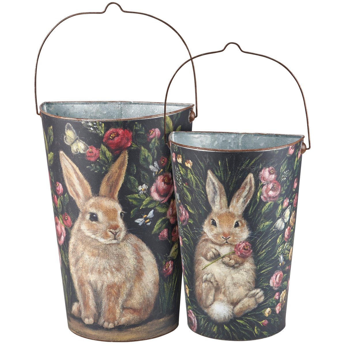 Whimsical Bunny & Floral Metal Wall Buckets Set - Rustic Spring Home Decor