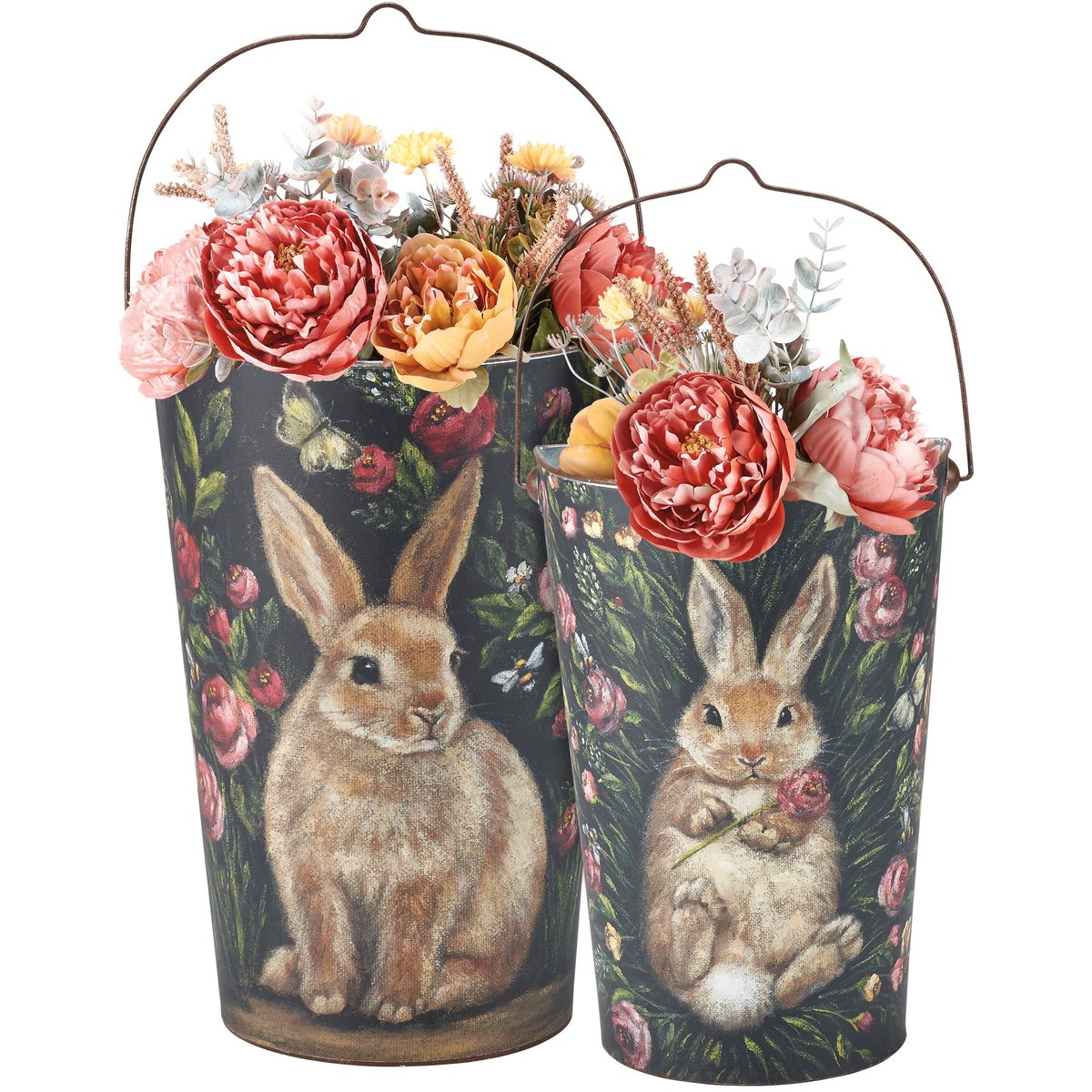 Whimsical Bunny & Floral Metal Wall Buckets Set - Rustic Spring Home Decor