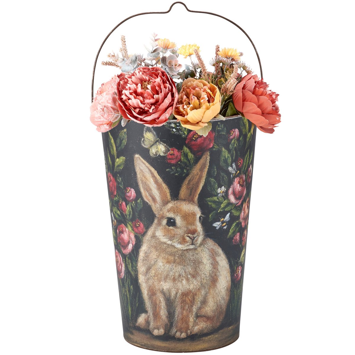 Whimsical Bunny & Floral Metal Wall Buckets Set - Rustic Spring Home Decor