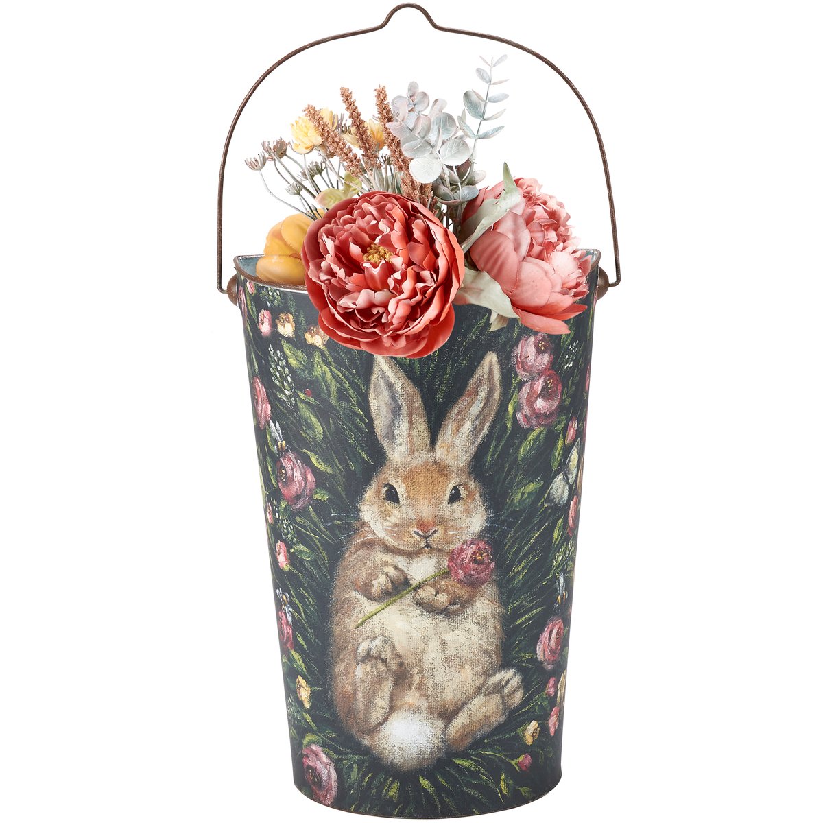 Whimsical Bunny & Floral Metal Wall Buckets Set - Rustic Spring Home Decor