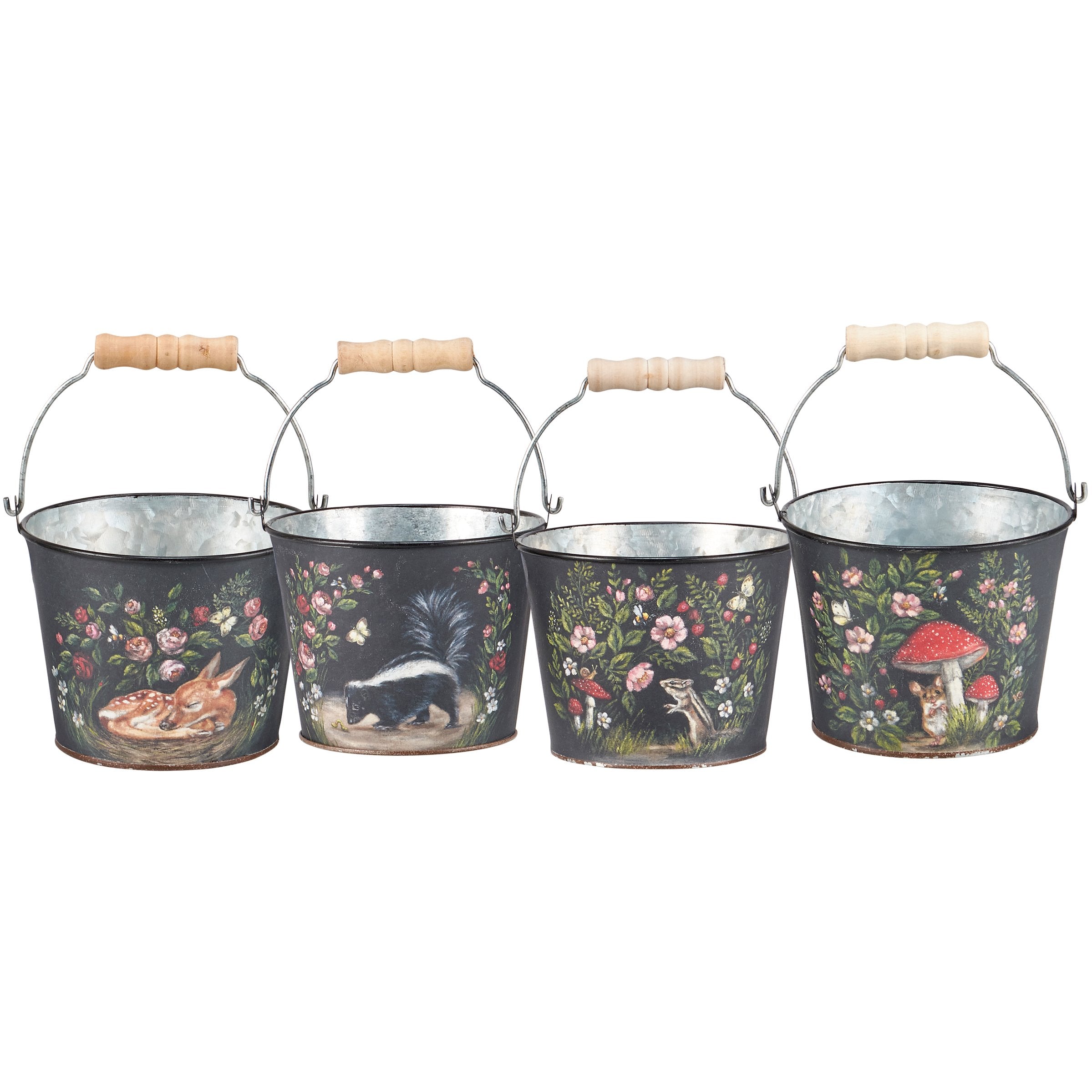 Charming Woodland Spring Metal Buckets - Set of Four Hand-Painted Decorative Accents