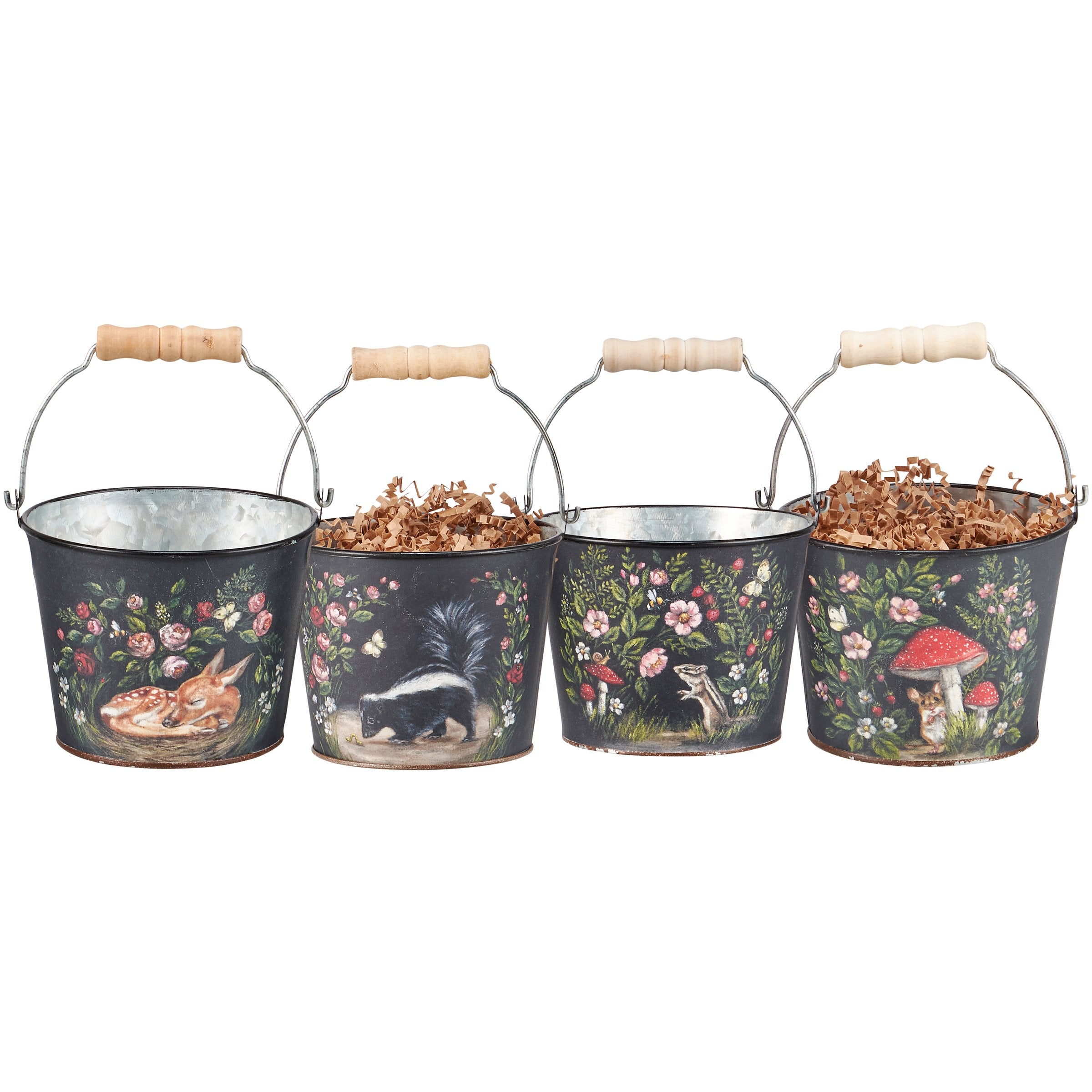 Charming Woodland Spring Metal Buckets - Set of Four Hand-Painted Decorative Accents