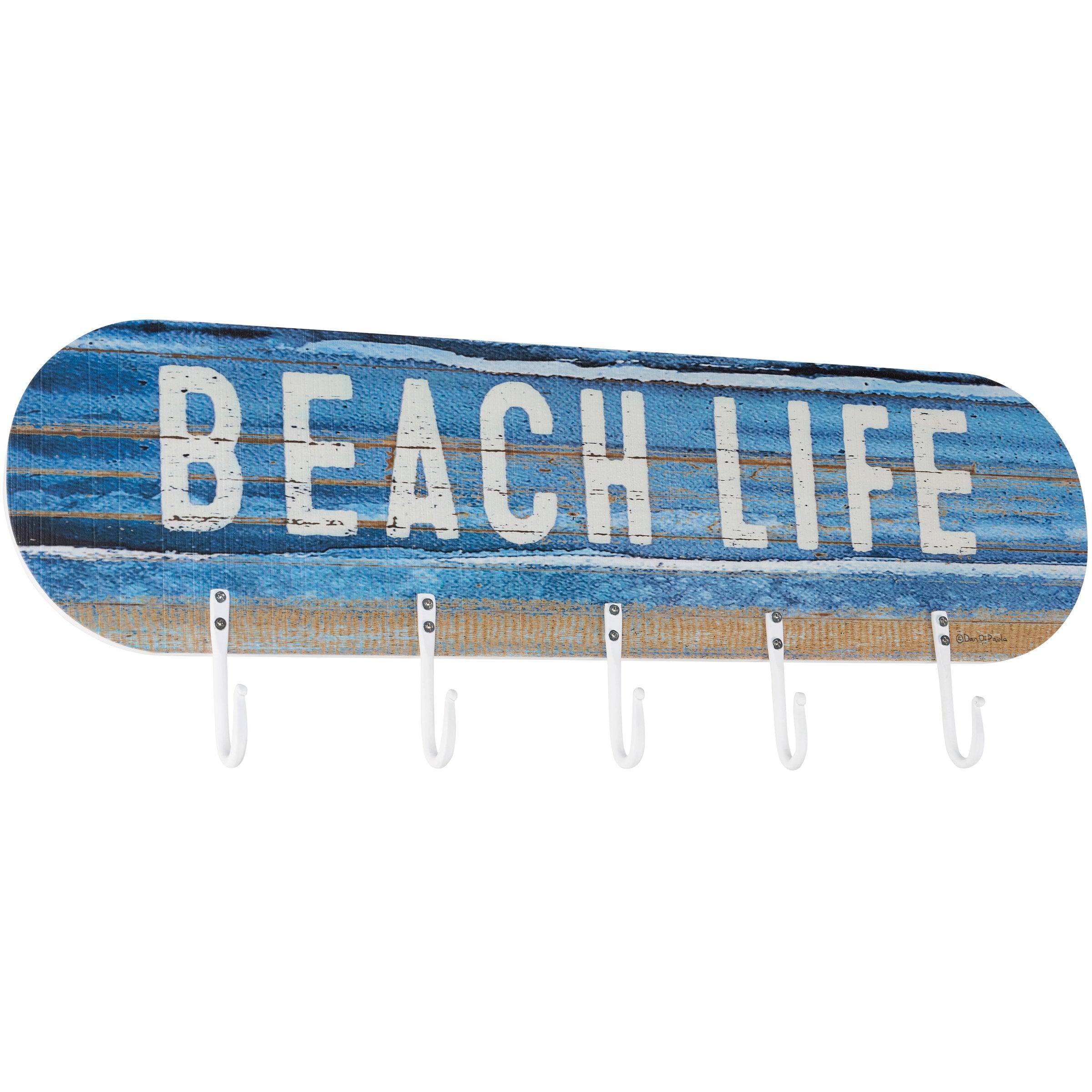 Rustic Wooden Beach Life Wall Hook Board with 5 Metal Hooks