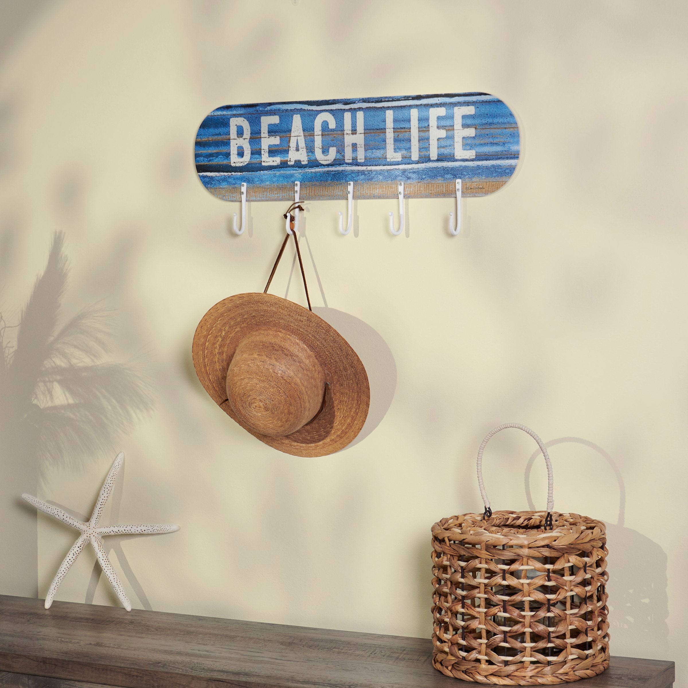 Rustic Wooden Beach Life Wall Hook Board with 5 Metal Hooks
