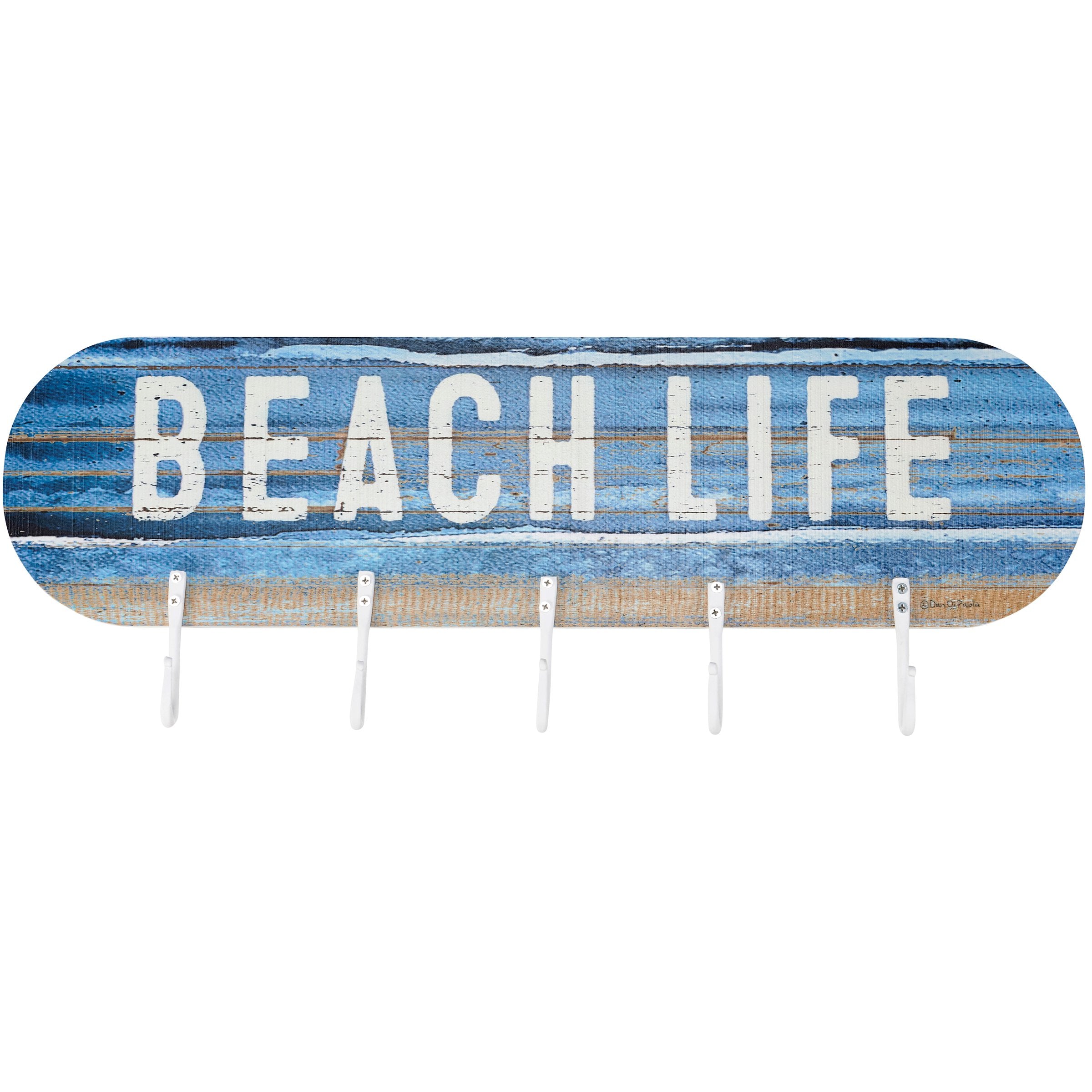 Rustic Wooden Beach Life Wall Hook Board with 5 Metal Hooks