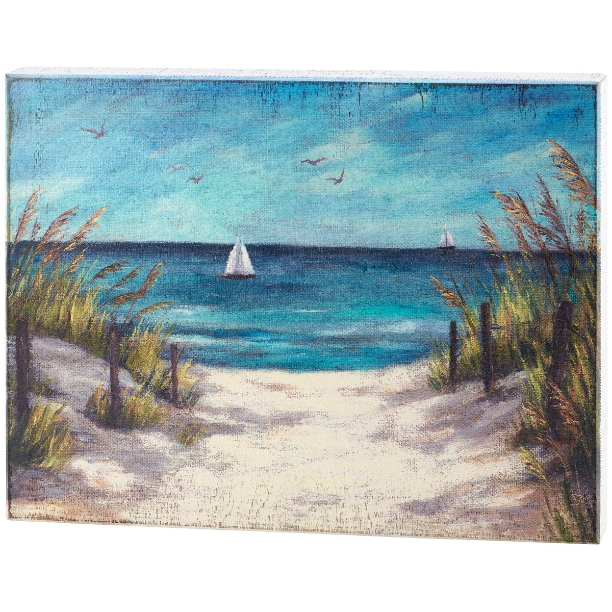 Coastal Beach Path Box Sign with Sailboat, Textured Burlap Art Decor