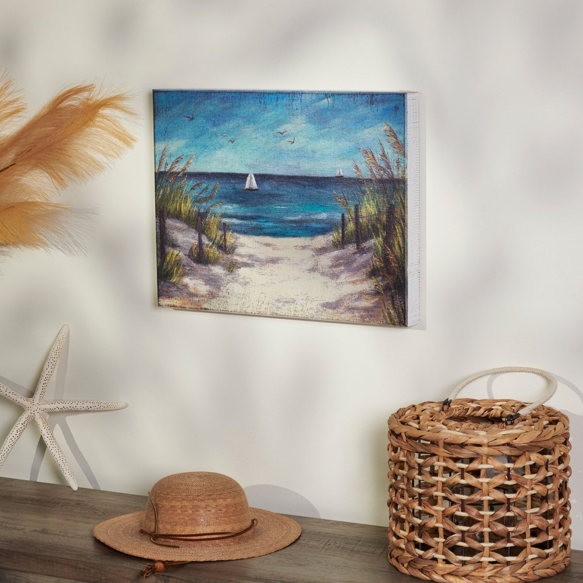 Coastal Beach Path Box Sign with Sailboat, Textured Burlap Art Decor