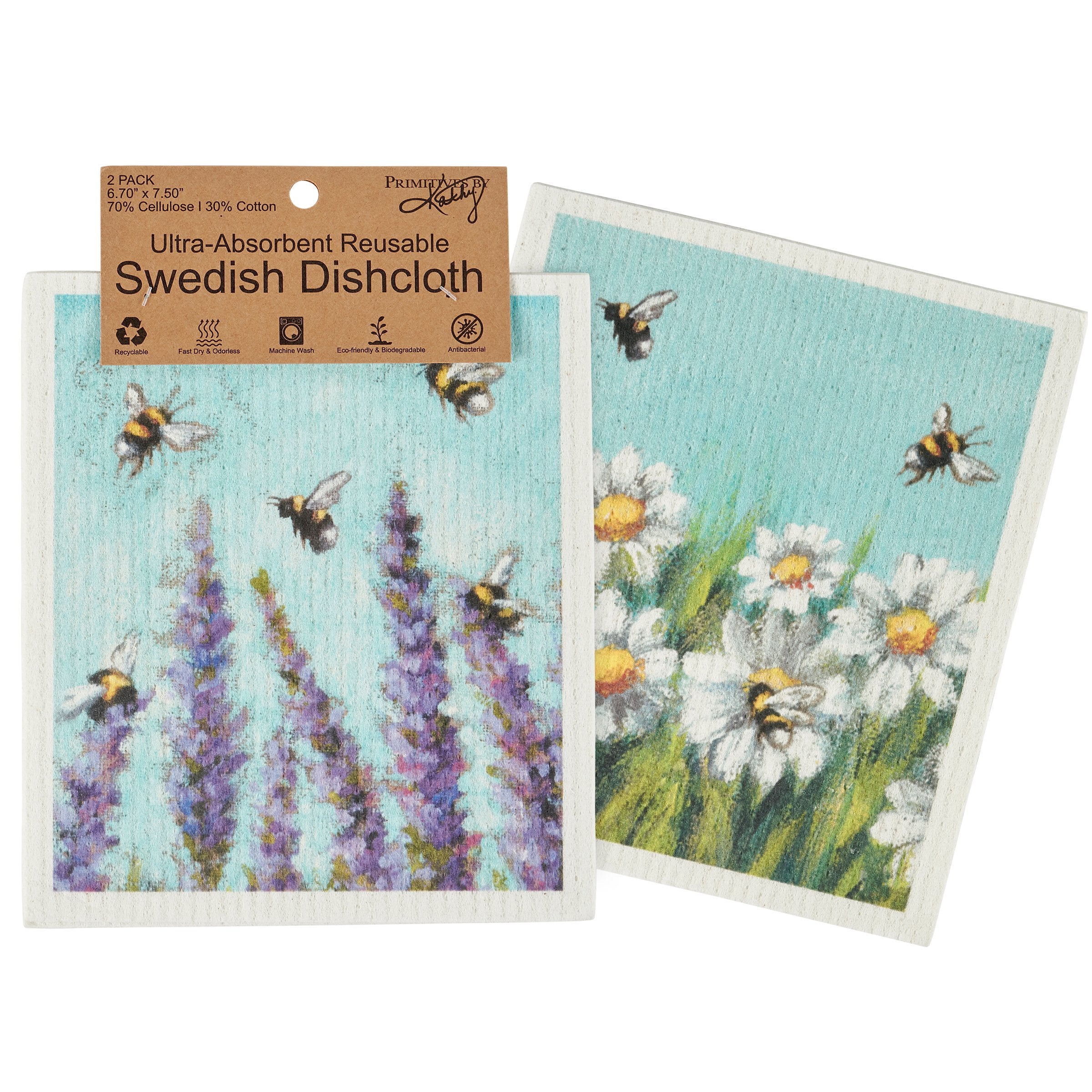 Eco-Friendly Swedish Dishcloth Set with Lavender Daisy Bee Design, Machine Washable