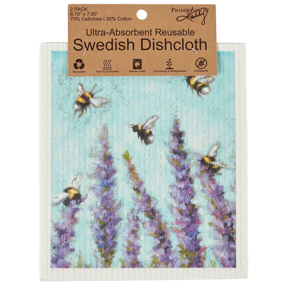 Eco-Friendly Swedish Dishcloth Set with Lavender Daisy Bee Design, Machine Washable