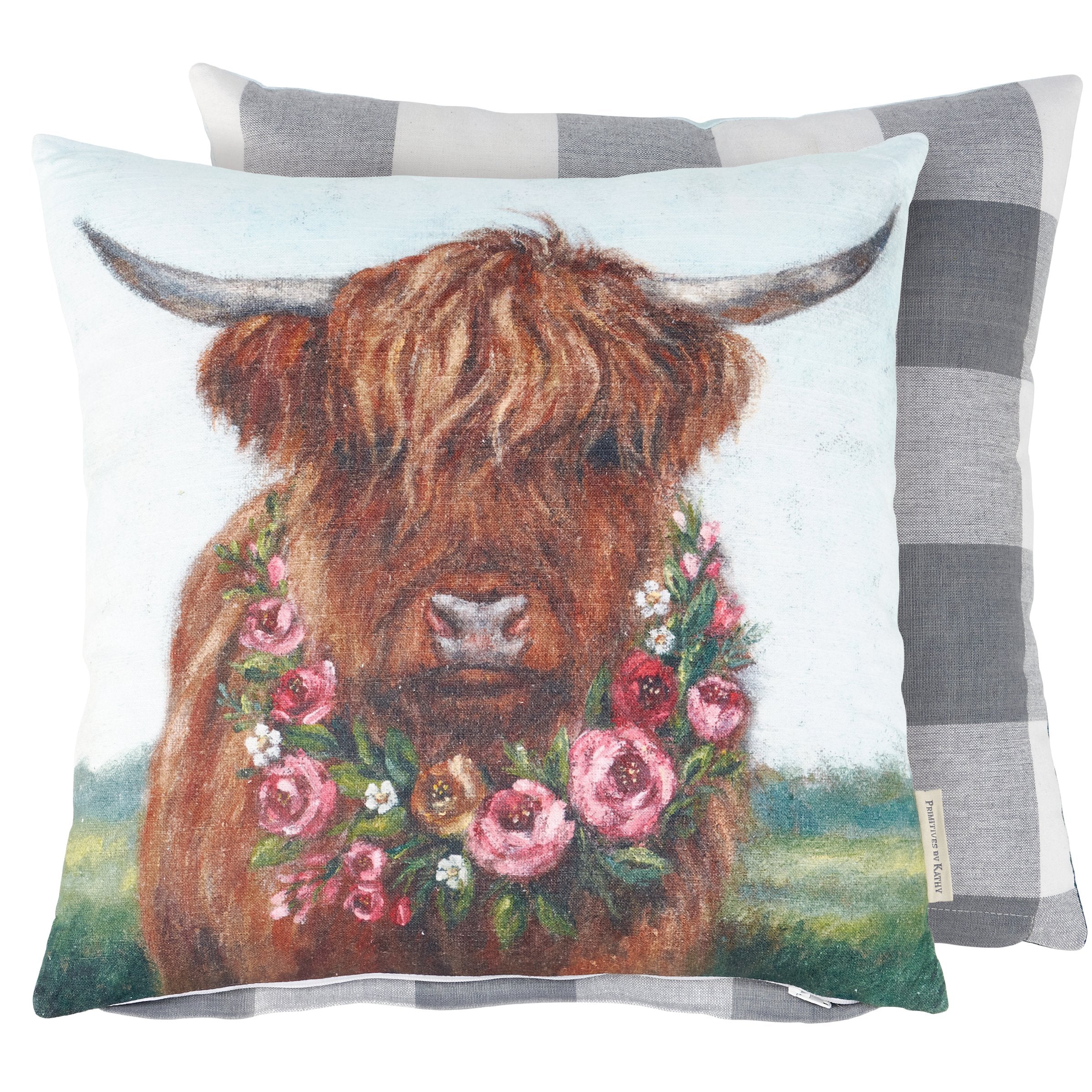 Charming Floral Highland Cow Pillow: Rustic Spring Decor, Removable Cotton Cover, 16x16 Inch