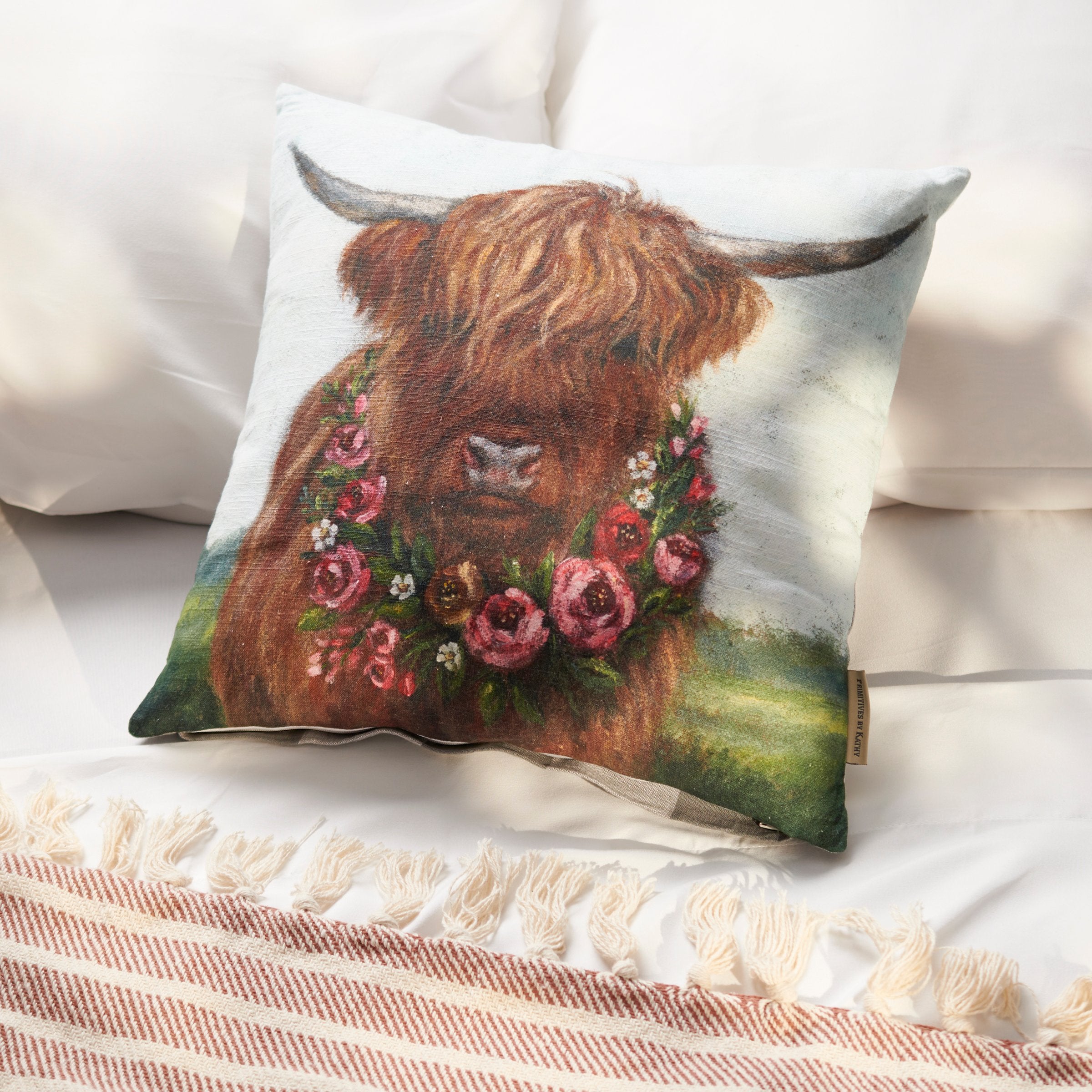 Charming Floral Highland Cow Pillow: Rustic Spring Decor, Removable Cotton Cover, 16x16 Inch