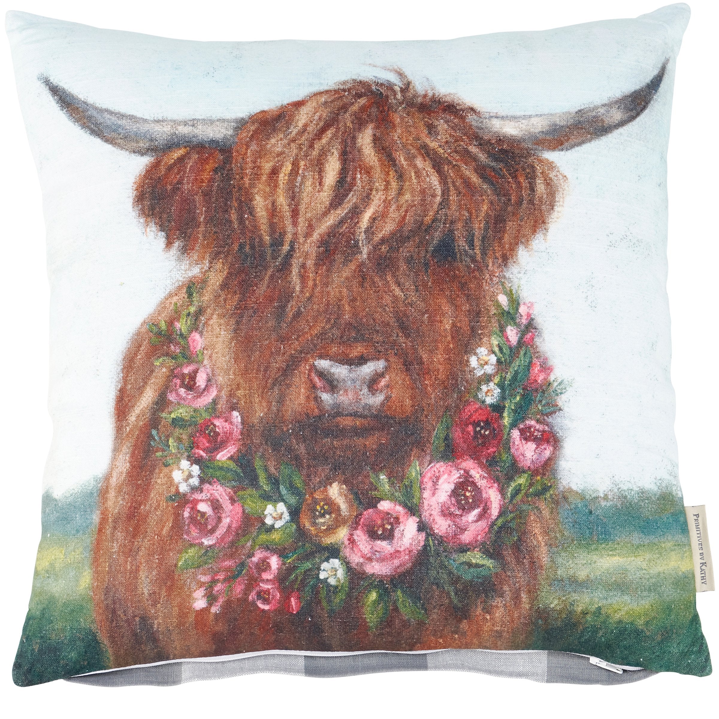 Charming Floral Highland Cow Pillow: Rustic Spring Decor, Removable Cotton Cover, 16x16 Inch