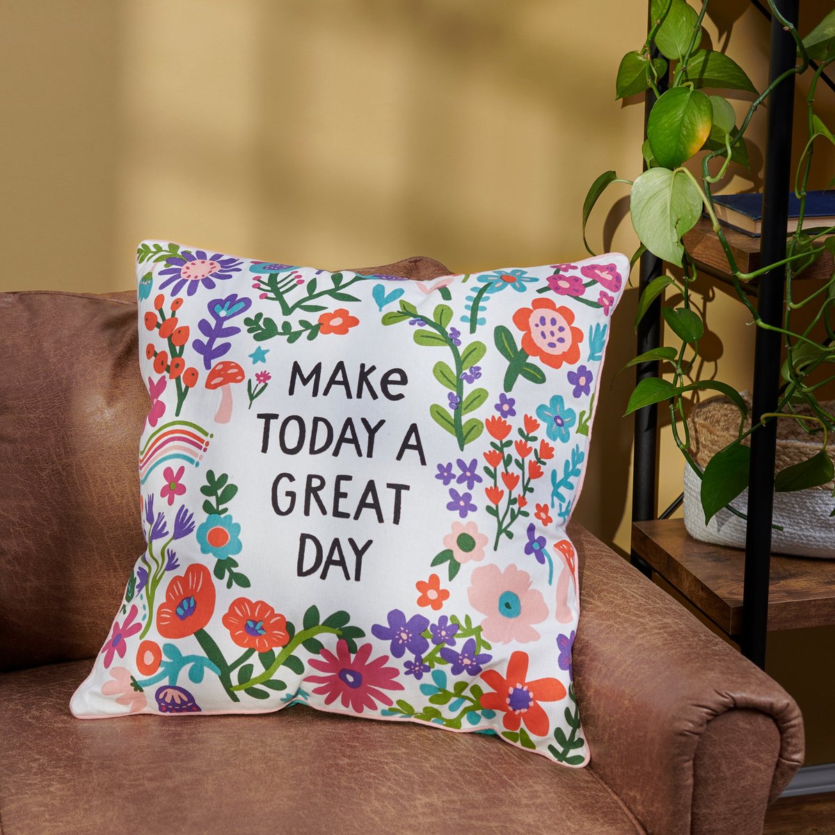 Vibrant Floral 'Make Today A Great Day' Inspirational Cotton Throw Pillow